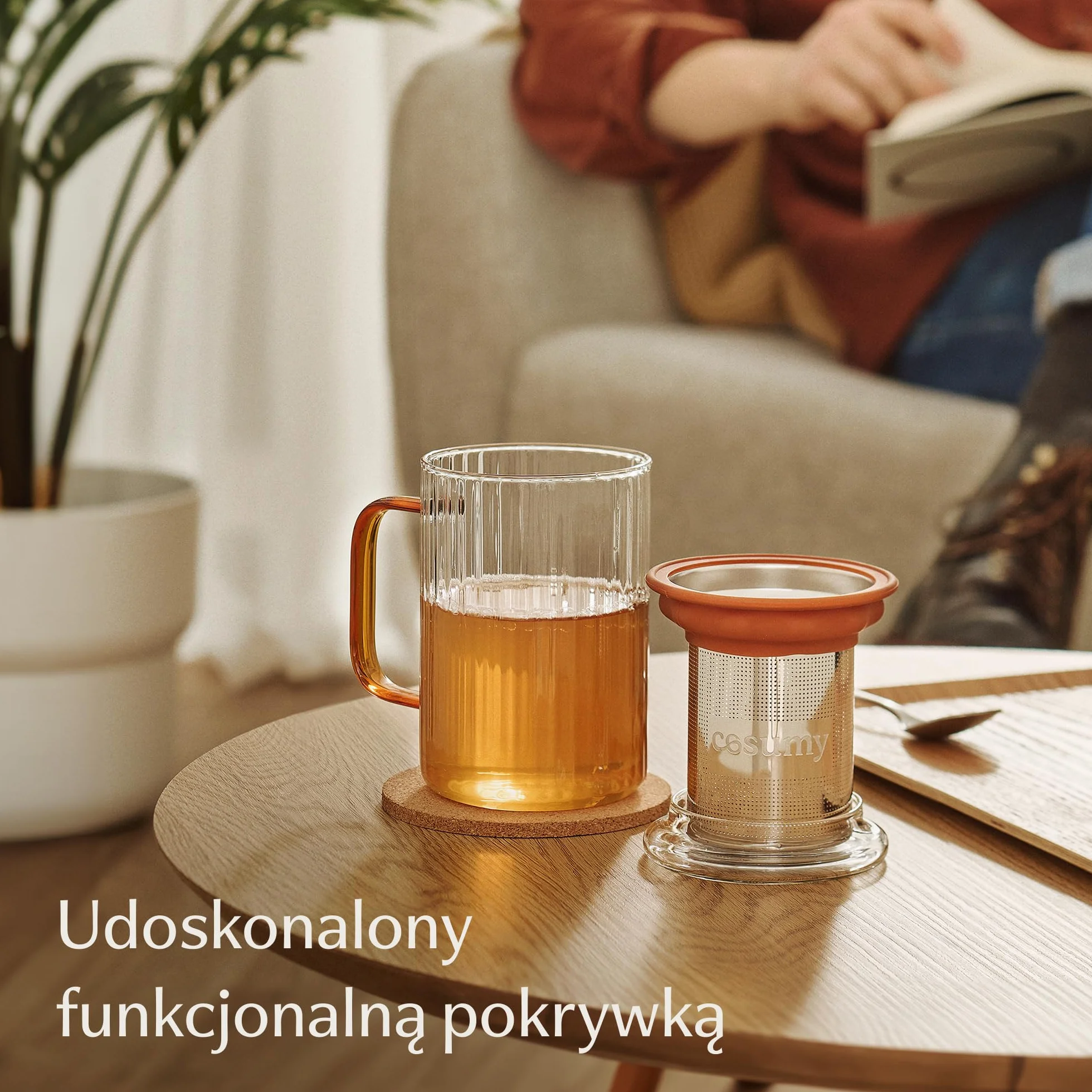Cosumy Filiżanka do Herbaty z Pokrywką i Sitkiem 450ml - Żaroodporne Szkło Borokrzemowe z Kolorowymi Uchwytami - Korek Podstawka & Filtr ze Stali Nierdzewnej