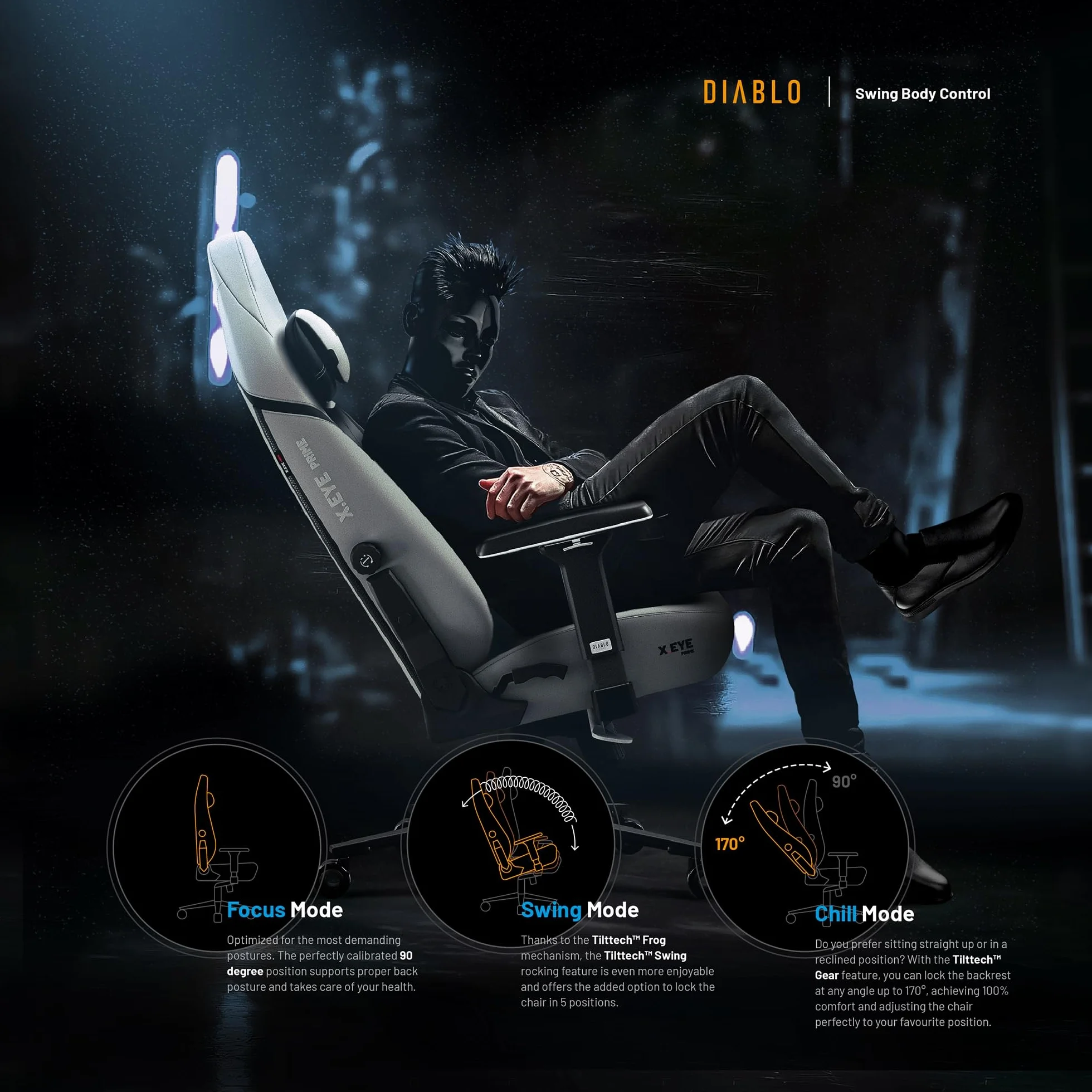 Diablo Fotel gamingowy X.Eye Prime Ergonomiczny Tkanina PC Fotel z Magnetycznym Zagłówkiem Funkcja chłodzenia Wytrzymały Tkanina 140 kg