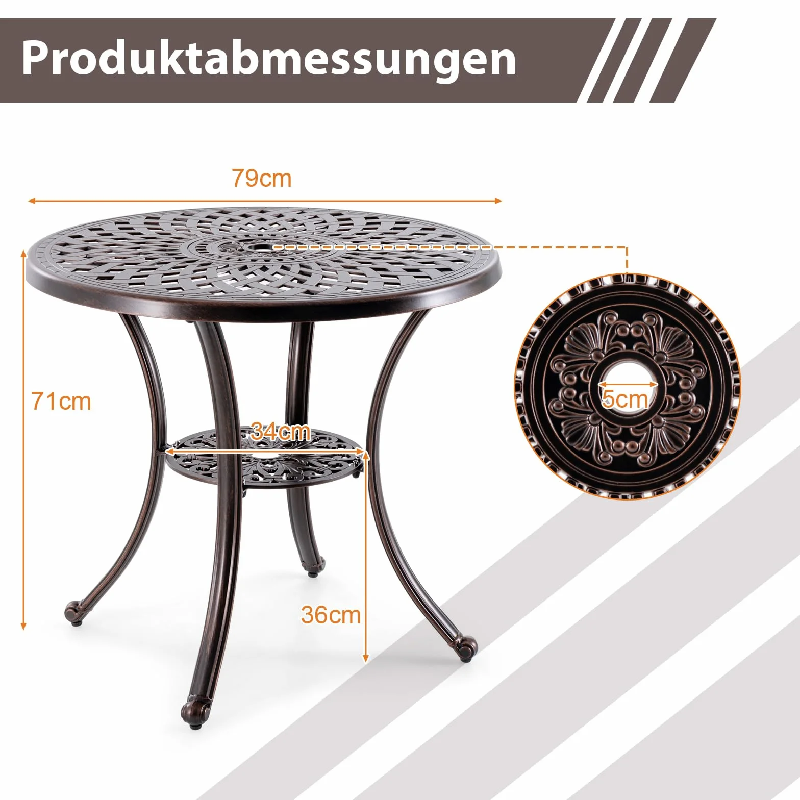 COSTWAY Stół ogrodowy z otworem na parasol i dolną półką, okrągły stół balkonowy z odlewu aluminiowego, odporny na warunki atmosferyczne, 79 x 79 x 71 cm