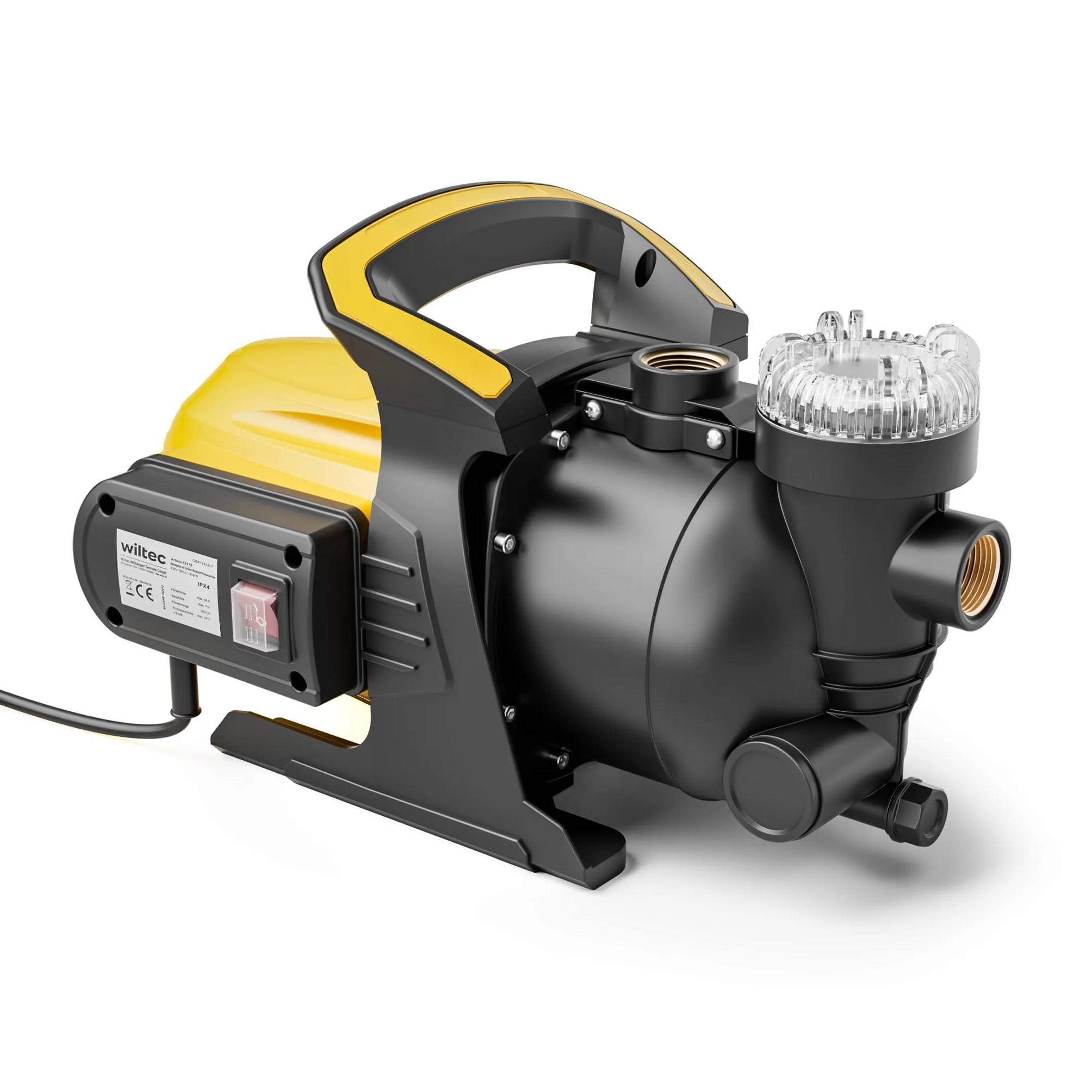 Wiltec Pompa ogrodowa 1200 W z filtrem wstępnym i obudową z tworzywa sztucznego, 3800 l/h, do nawadniania ogrodu i opróżniania basenu