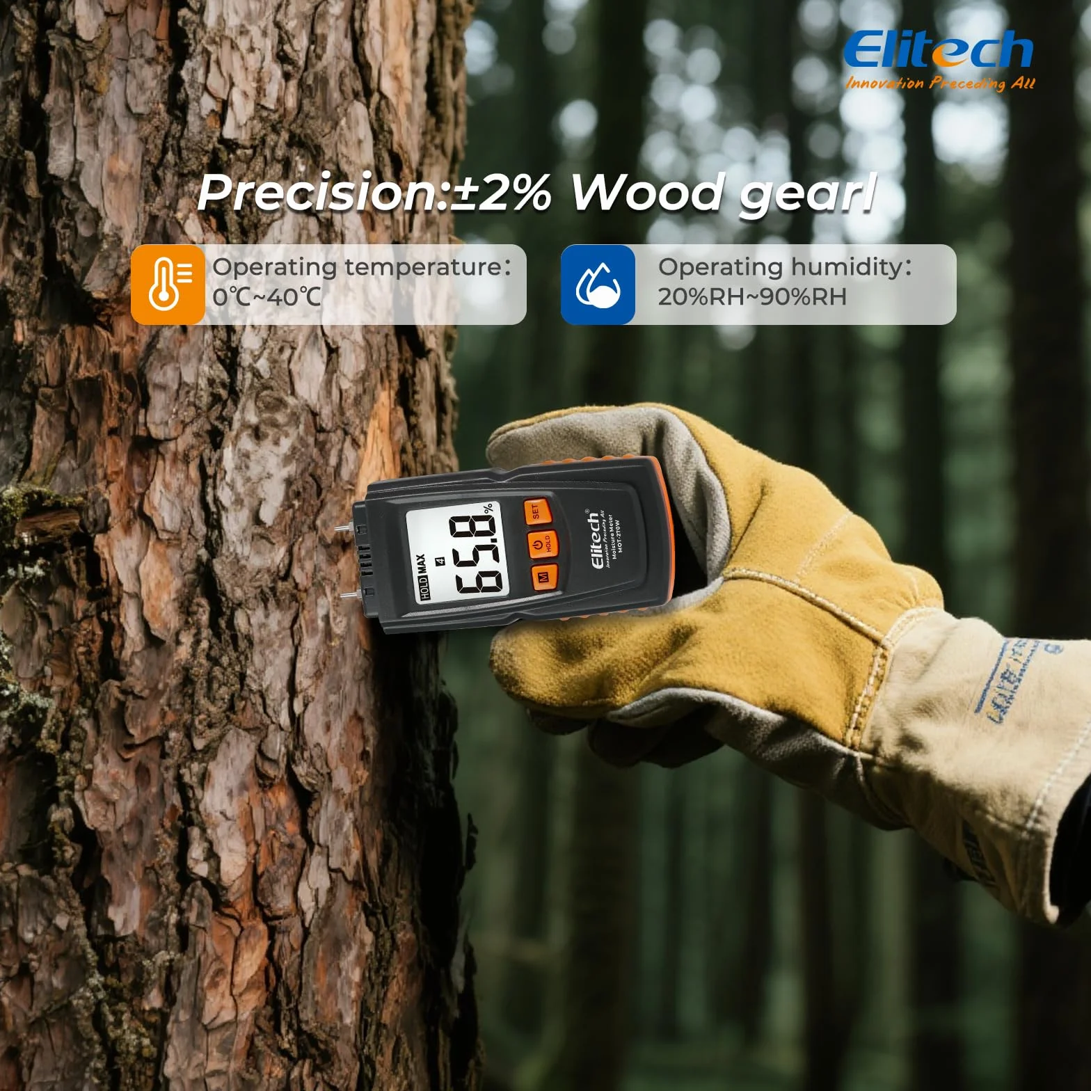 Elitech Cyfrowy miernik wilgotności drewna, 4 rodzaje drewna, ±2% dokładność, sondy 9,8 mm, miernik wilgotności do drewna/papieru/bambusu/ziół, automatyczna kalibracja