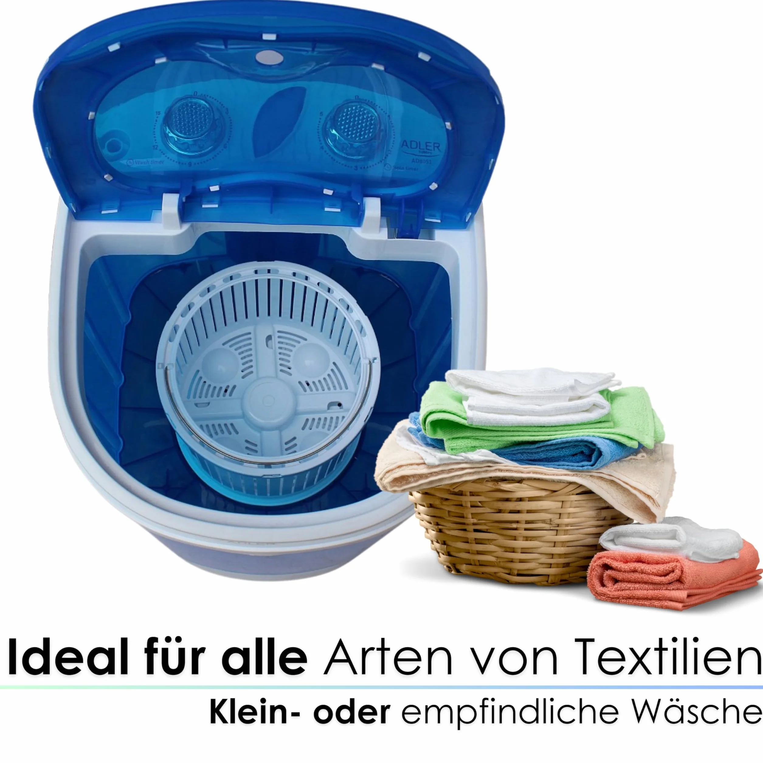 Steinborg Mini pralka z wirówką, do 3 kg, 2 komory, wirowanie do 1 kg, pralka podróżna na kemping, przenośna, ładowana od góry, mini pralka, bubble blue/white
