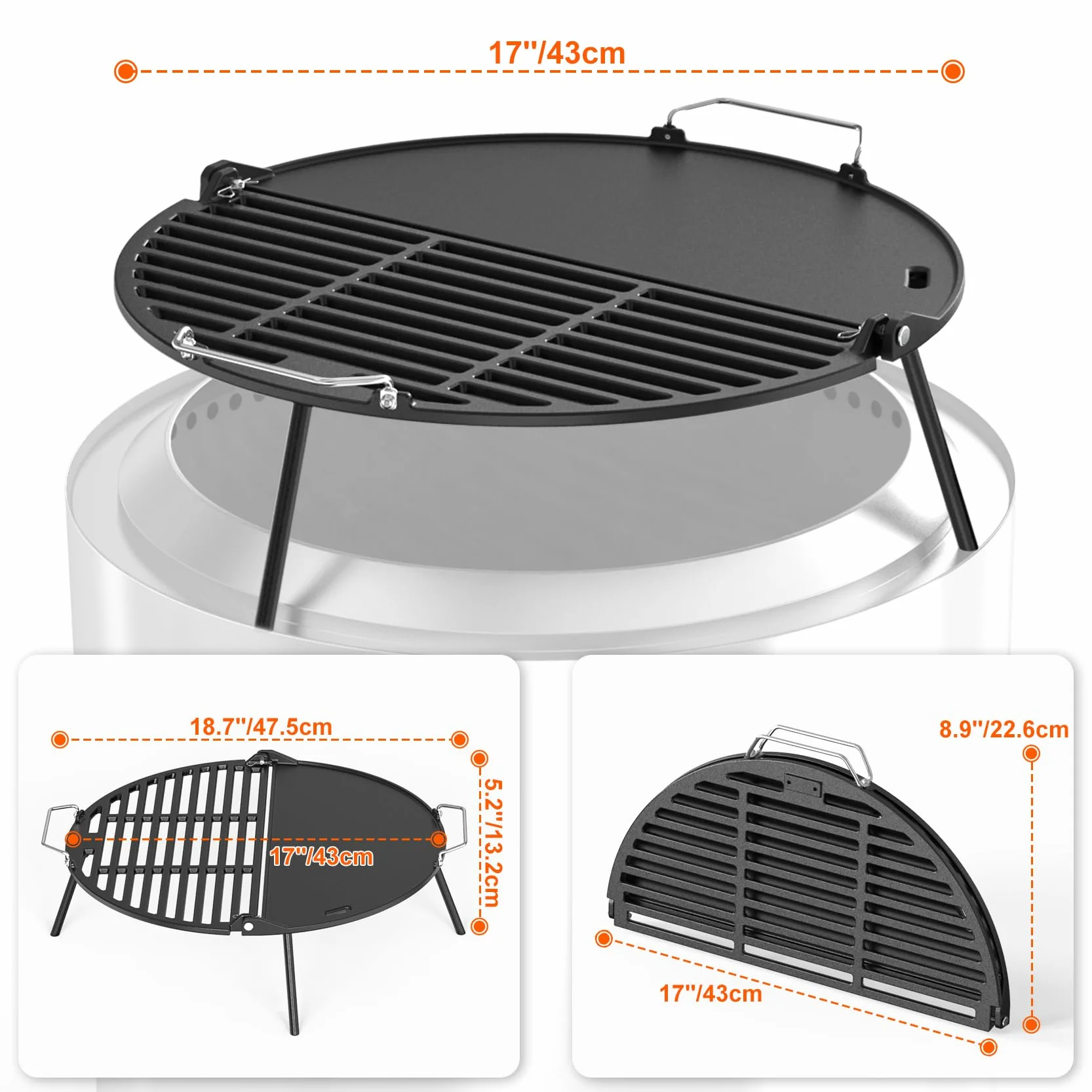 Onlyfire Żeliwna płyta grillowa Solo, bezdymny Bonfire, 49,5 cm, składany grill i płyta grillowa 2 w 1 z kubkiem tłuszczu do grilla na podwórku i na świeżym powietrzu