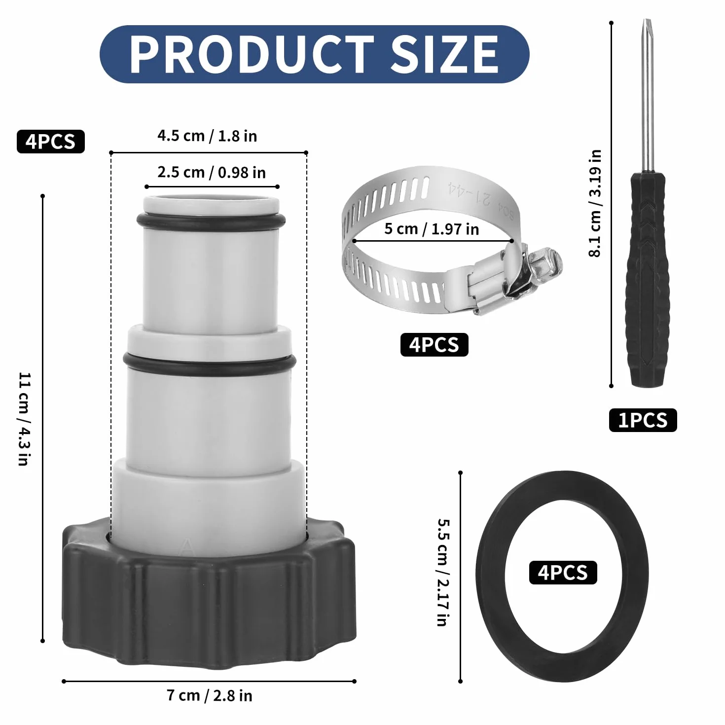 Adapter węża basenowego 4PCS, adapter do basenu Intex, zestaw adaptera węża basenowego, adapter węża do pompy, złącze do węża basenowego Ø 32 i 38 mm, adapter węża basenowego