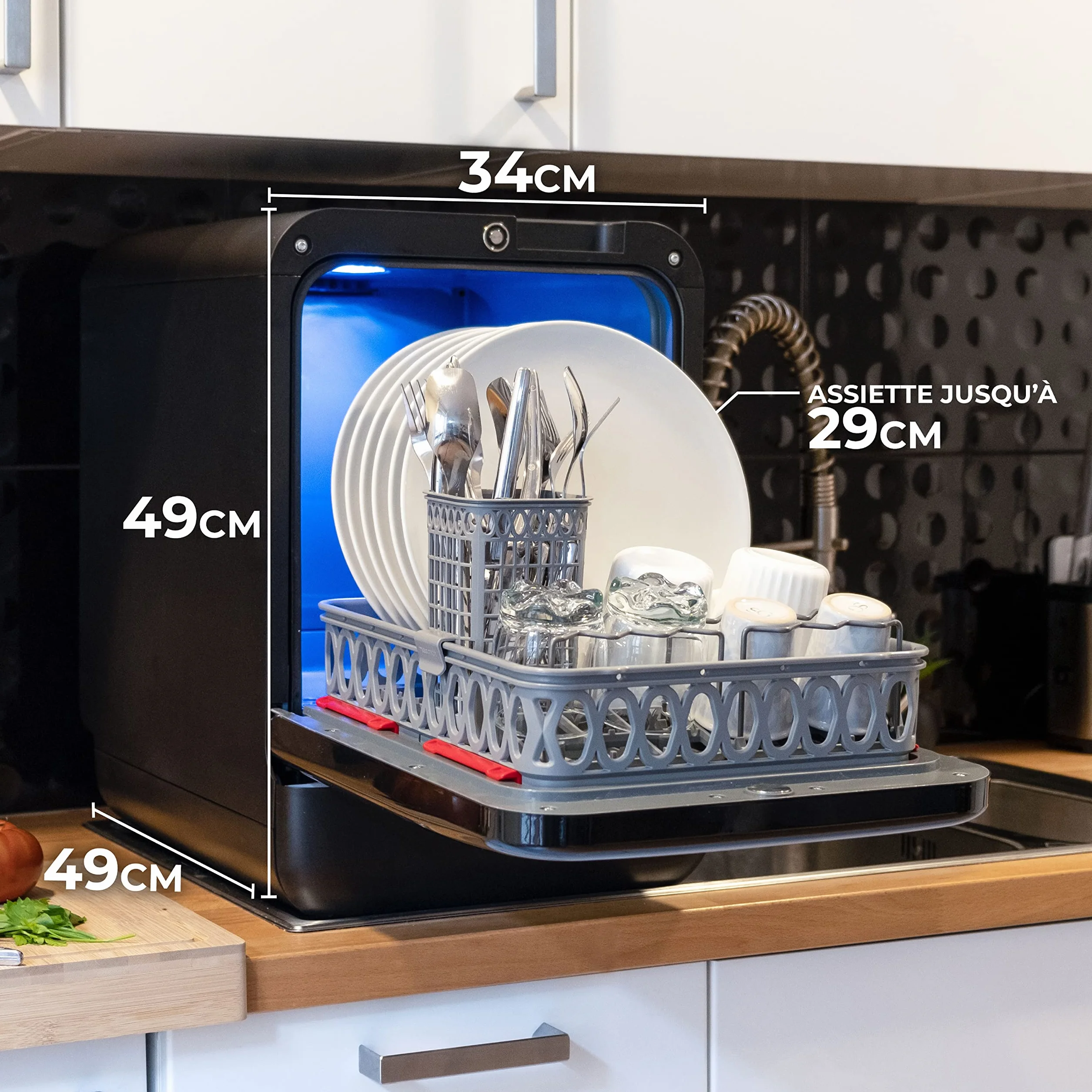 Zmywarka Bob - Kompaktowa zmywarka 3 Sztućce do wpuszczania - Wolne do montażu, ze zbiornikiem, przenośna - Naturalne suszenie - Płyta 29 cm - Gwarancja pochodzenia Francji