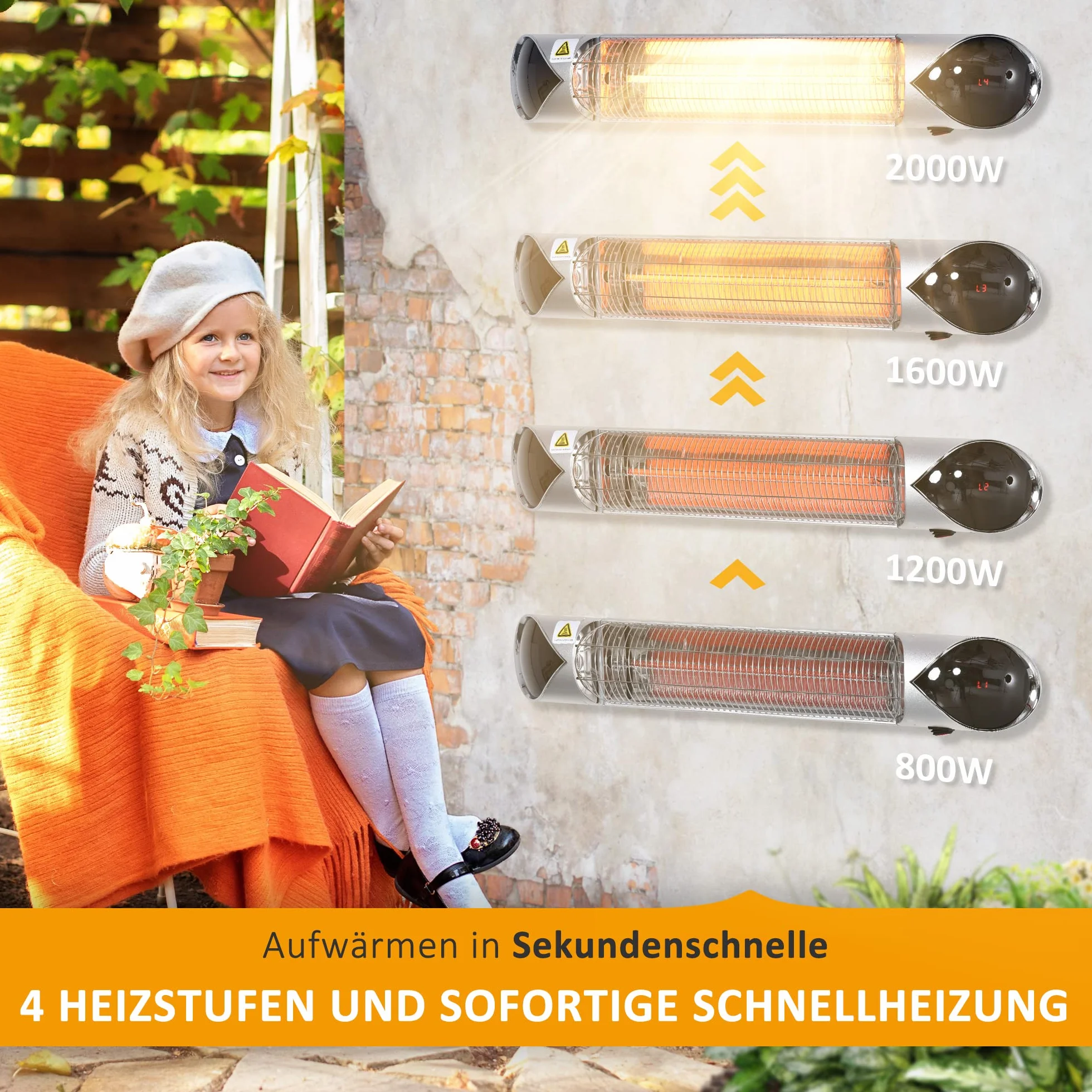 Grzejnik Outsunny, 4 poziomy grzania, 800/1200/1600/2000W, grzejnik elektryczny, grzejnik tarasowy do ogrodu z pilotem, wodoodporny, odporny na kurz, aluminium 88 x 13 x 9 cm