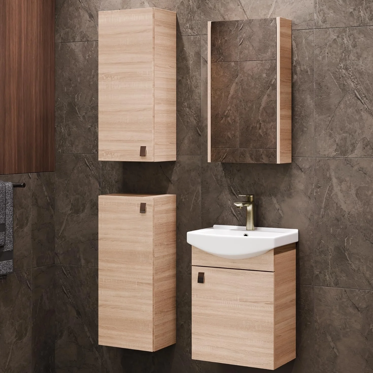 Planetmöbel Zestaw mebli łazienkowych umywalka z mebel podumywalkową 45 x 60 x 33 cm z szafką z lustrem 40 cm, 2X szafki midi do łazienki i WC dla gości, dąb sonoma