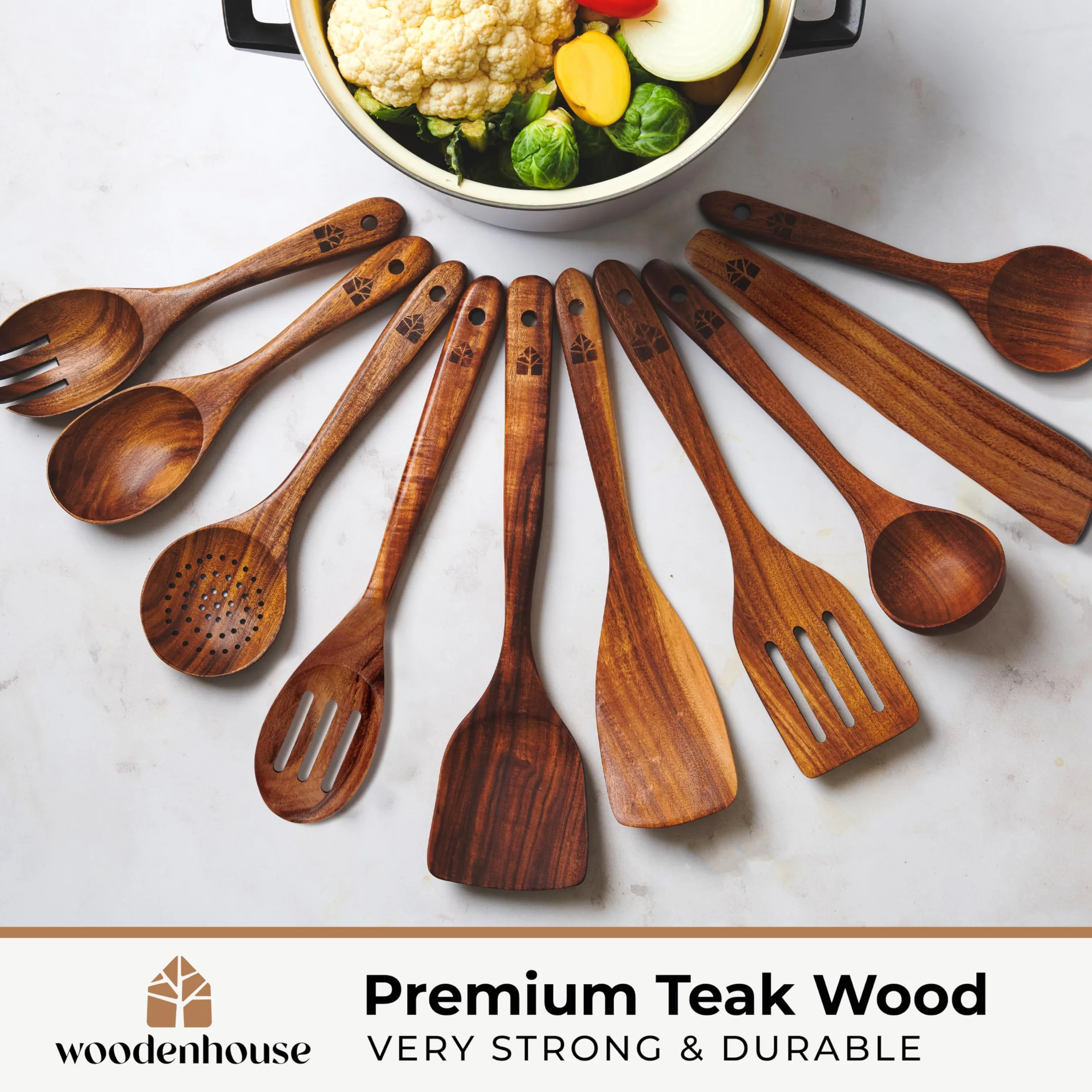 Teak Wooden Spoons for Cooking Set with Holder - 12pcs Nonstick Kitchen Utensils by Woodenhouse