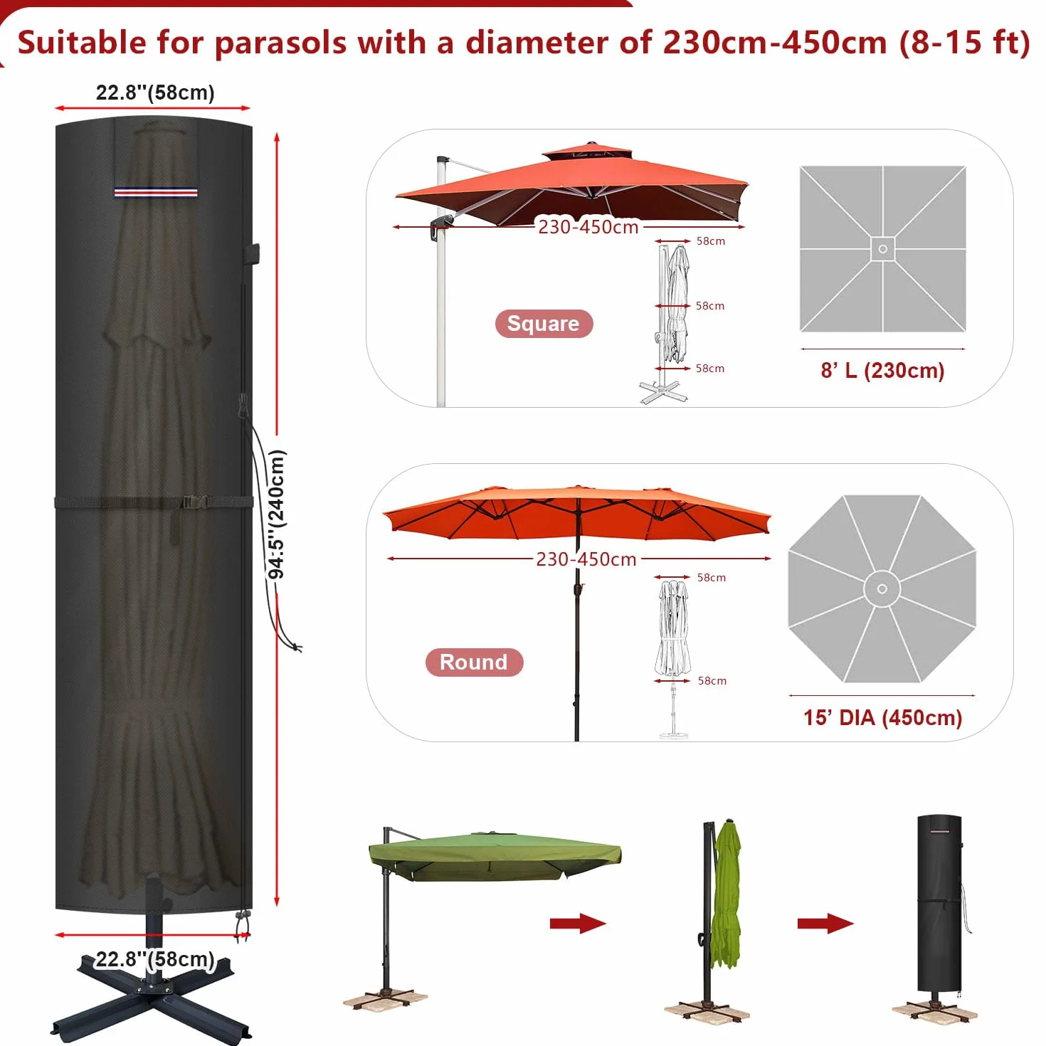 LAMUNI pokrowiec na parasol przeciwsłoneczny wodoodporny pokrowiec ochronny na parasol Ø 3-5 m, pokrowiec ochronny na parasol przeciwsłoneczny z prętem, tkanina Oxford 420D pokrowiec na parasol