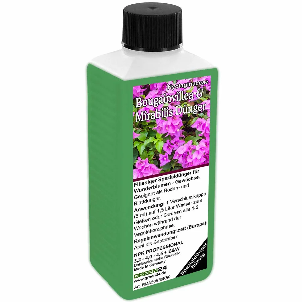 GREEN24 Bougainvillea & Mirabilis nawóz 250 ml – specjalny nawóz do mirabilis, drillingsblumen – śródziemnomorskich roślin doniczkowych, nawóz do kwiatów – płynny nawóz NPK do Nyctaginaceae – balkon