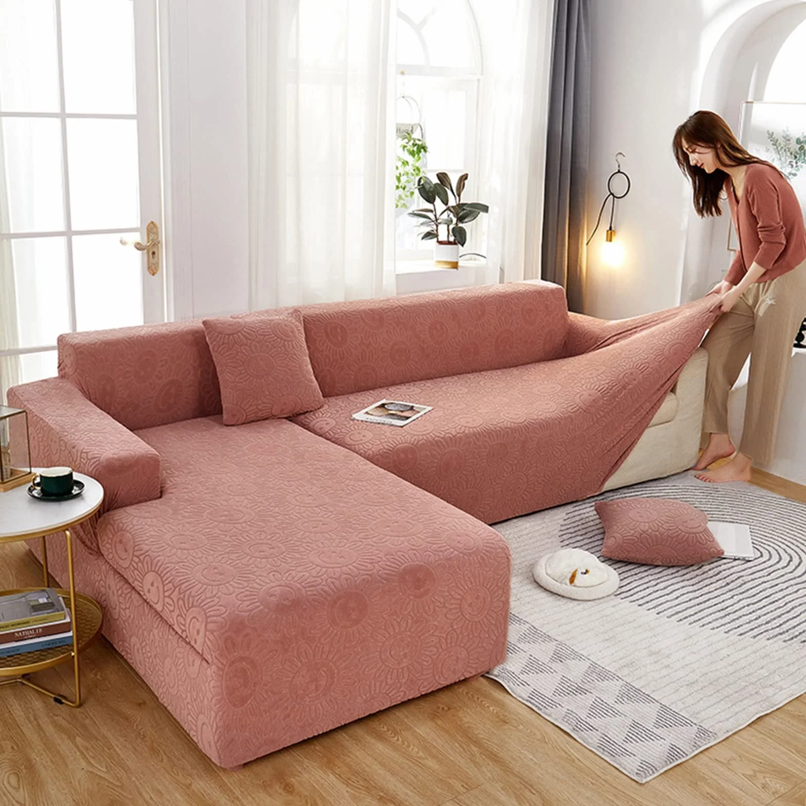 Elastyczny Pokrowiec Sofę Kanapę W Kształcie Litery L, Segmentowe Pokrowce Na Kanapę Zwierząt Meble Dla 1 2 3 4 5 Osób,Modny Elastyczny Narzuty Sofę Psów,Pink,4 seat (235~300cm)