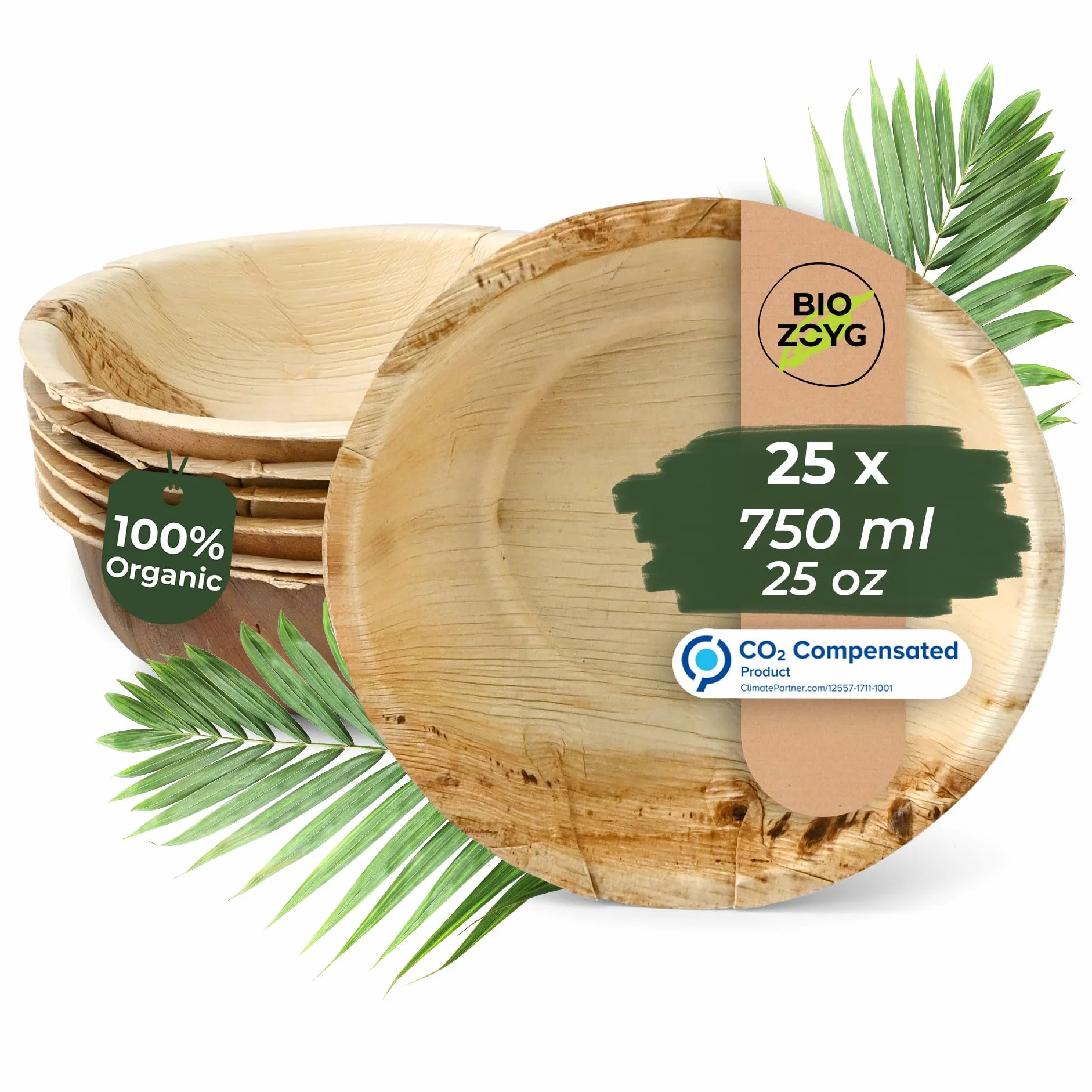 BIOZOYG 25 x miska z liści palmowych 750 ml - Jednorazowy talerz na zupę, kompostowalna miska do sałatek