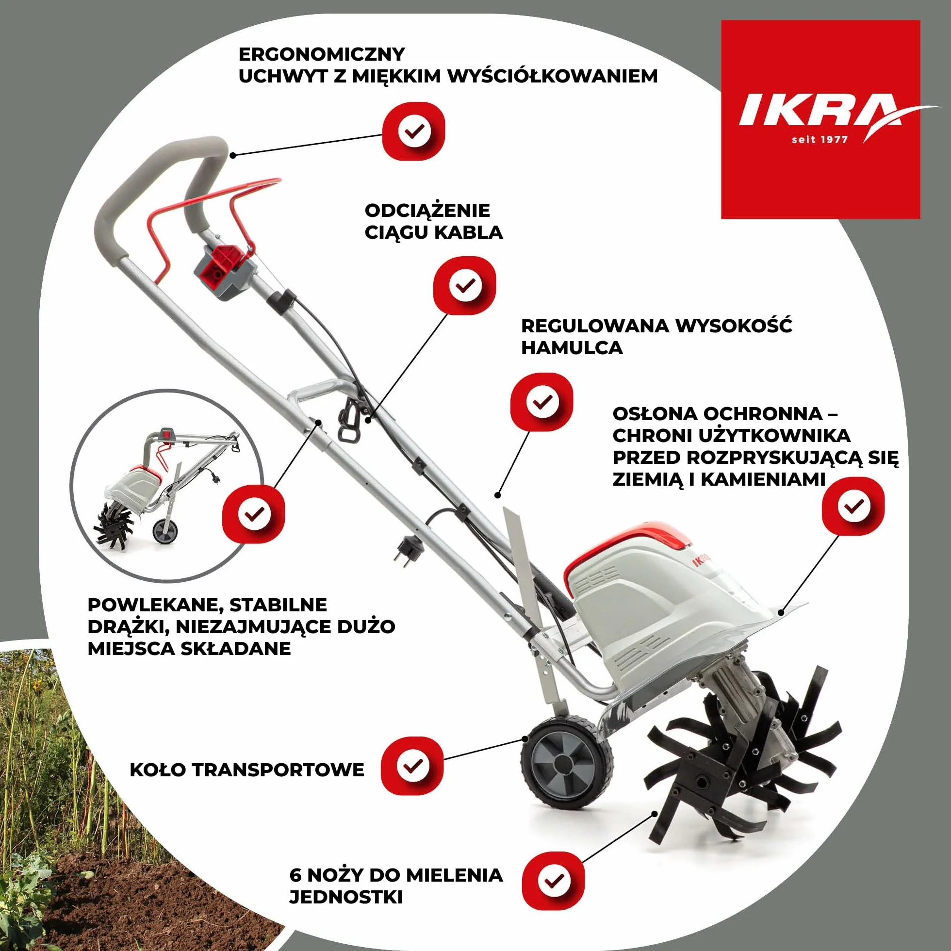 IKRA Glebogryzarka elektryczna FEM 1500 elastyczna szerokość robocza 17-45 cm głębokość robocza do 23 cm moc 1500 W