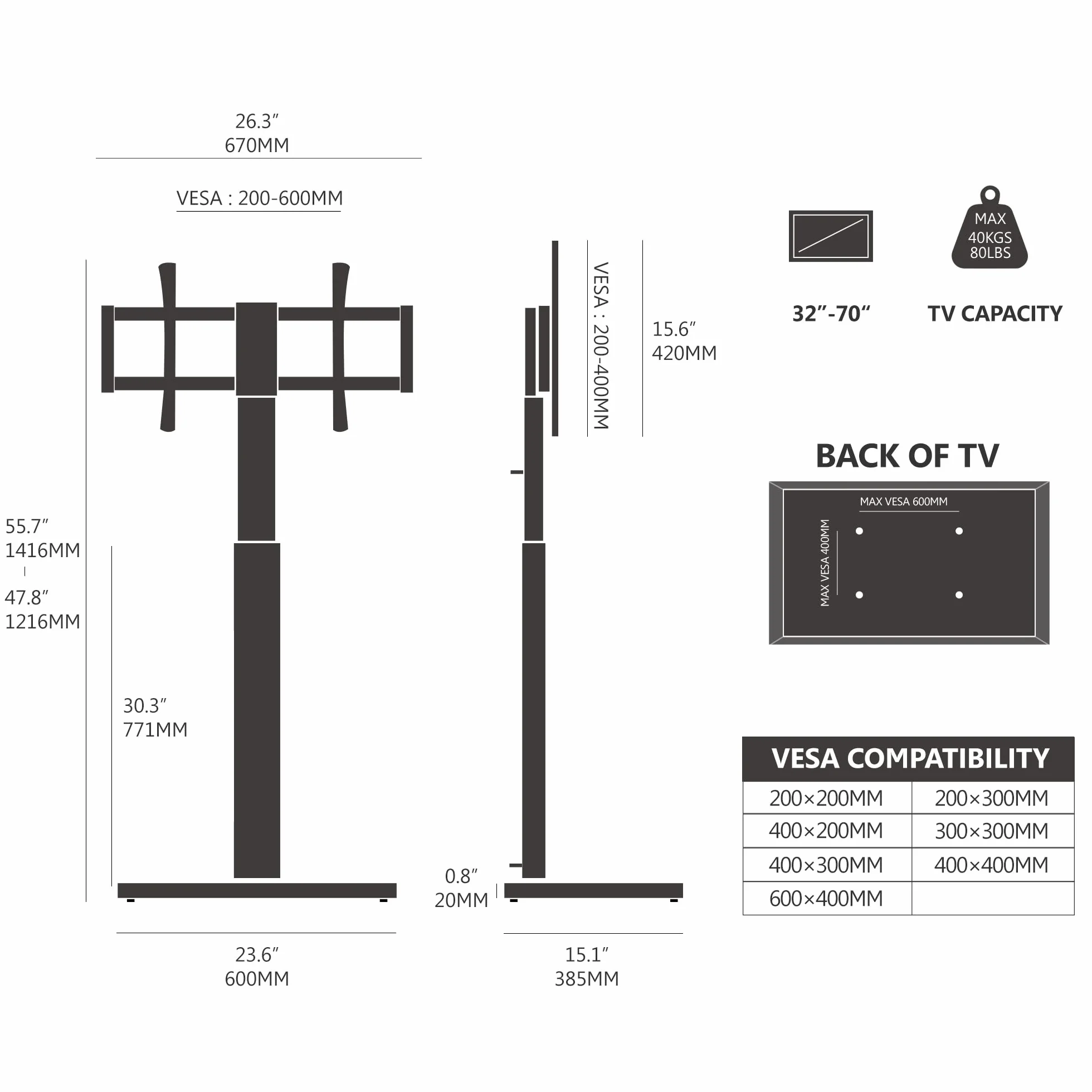 FITUEYES Biały stojak na telewizor z podłokietnikami z 20mm drewnianą podstawą na telewizor 32-70 cali, wysoki stojak na telewizor z obrotem 60° i 6 regulacjami wysokości, ścienny wąski stojak na