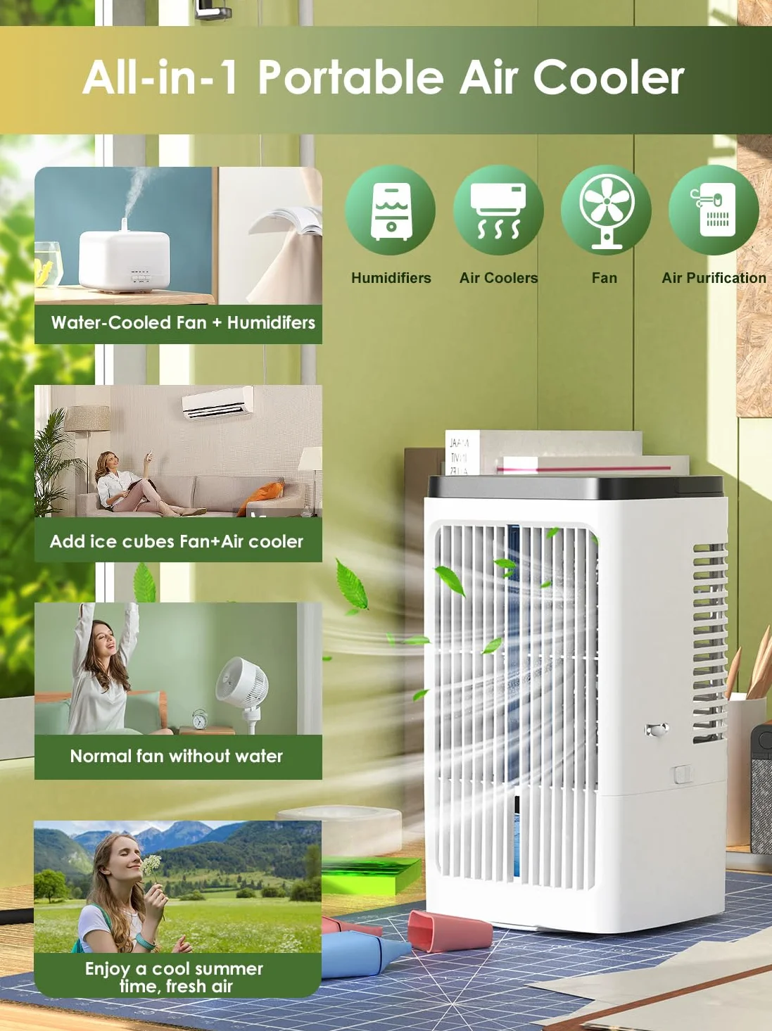 Przenośny klimatyzator, przenośny klimatyzator, wentylator USB, 4 prędkości, 2 tryby, kolorowe światła, oscylacja 90°, 1200 ml