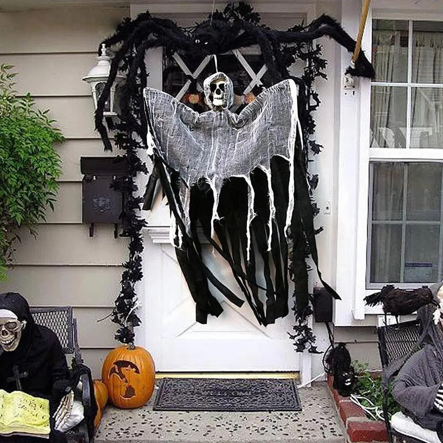 TRIXES Wiszący duch - dekoracje na drzwi - wisząca czaszka - Halloween - ogród dla domu - ganek - czarne drzwi wejściowe - 3 szt