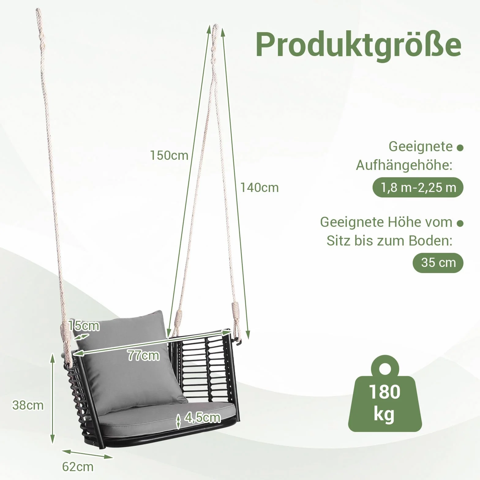 COSTWAY Fotel wiszący, rattanowy, obciążenie do 180 kg, fotel wiszący z poduszkami, metalową ramą i linami wiszącymi, fotel bujany, na werandę, do ogrodu, na podwórko (kolor szary)