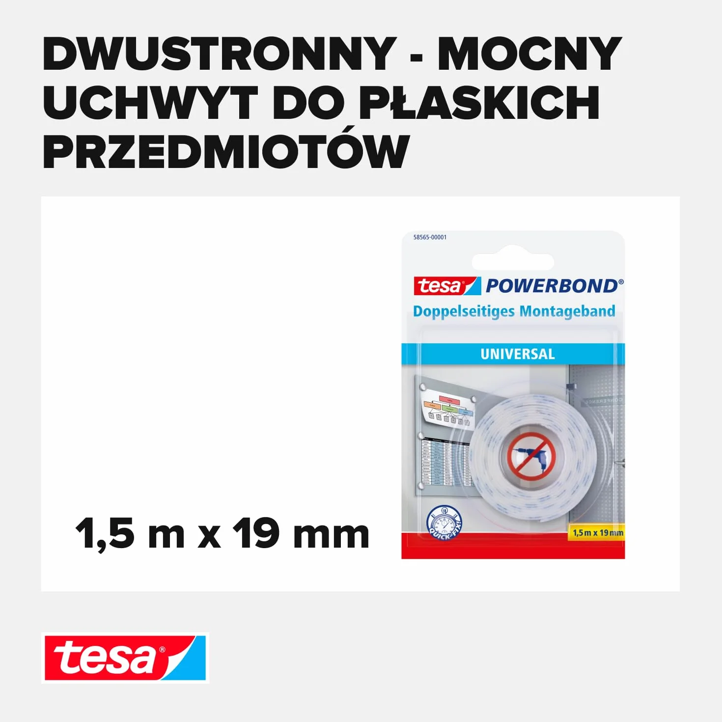 tesa Powerbond Dwustronna Taśma Montażowa, Uniwersalna Taśma Samoprzylepna do Wnętrz, Łatwa w Użyciu, Wymiary: 1,5 m x 19 mm, Biała