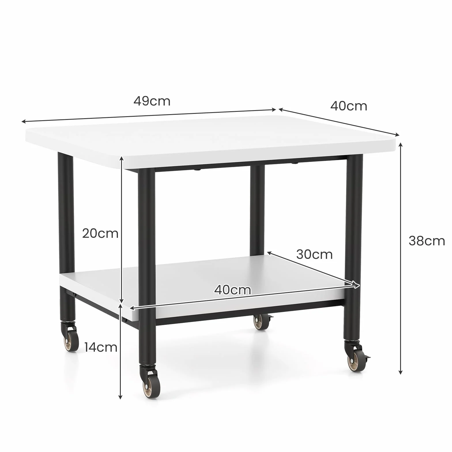 GOPLUS Stół do drukarki z blokowanymi kółkami, kontener na kółkach z 2 półkami, wózek na biurko, stojak na drukarkę z drewna, kółka obracane o 360°, wózek wielofunkcyjny do domu, biura (biały)