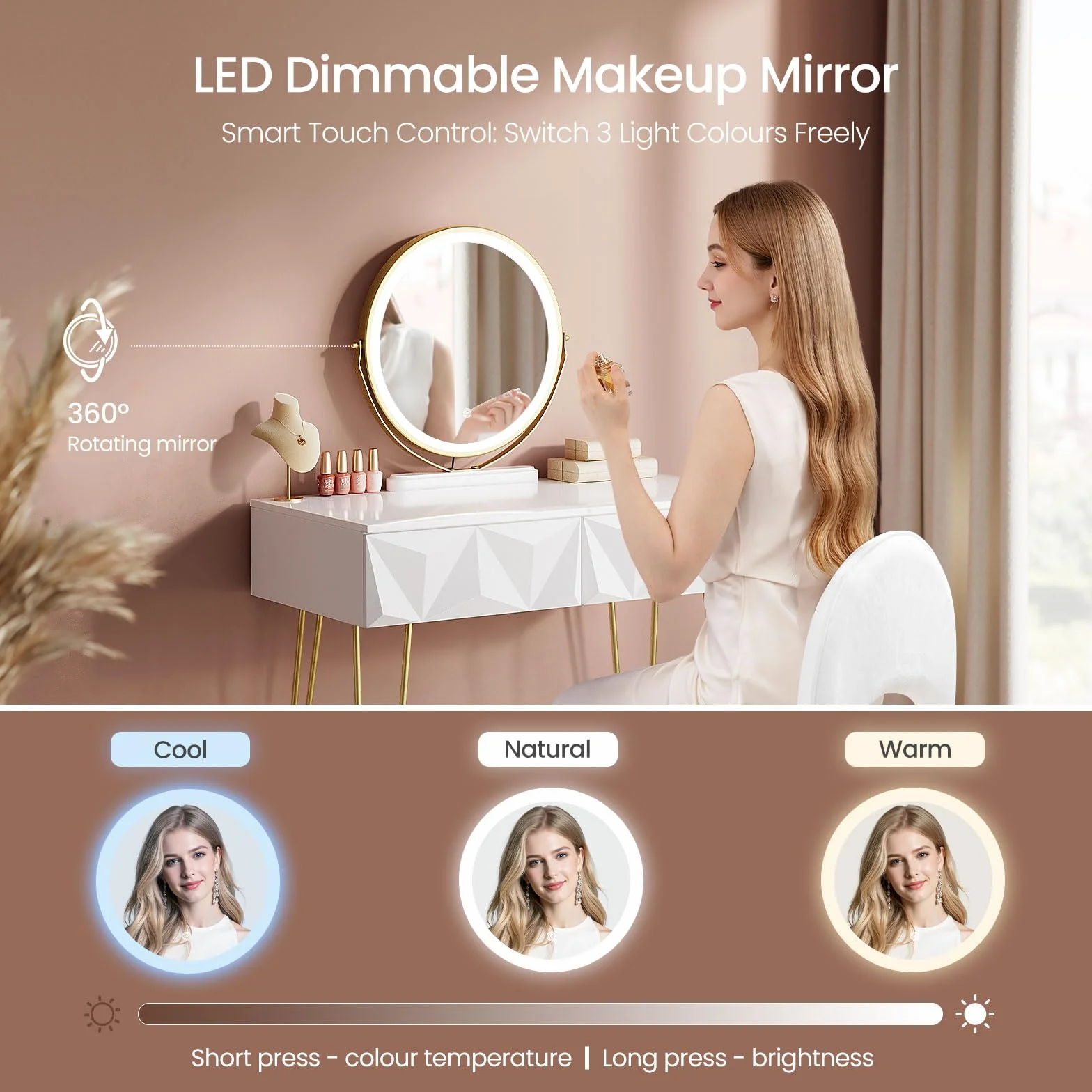EUGAD 0056SZT Toaletka z oświetleniem LED w 3 kolorach światła, tapicerowane aksamitne krzesło, toaletka z 2 szufladami z litego drewna, z efektem 3D, lustro obracane o 360°, kolor biały + złoty