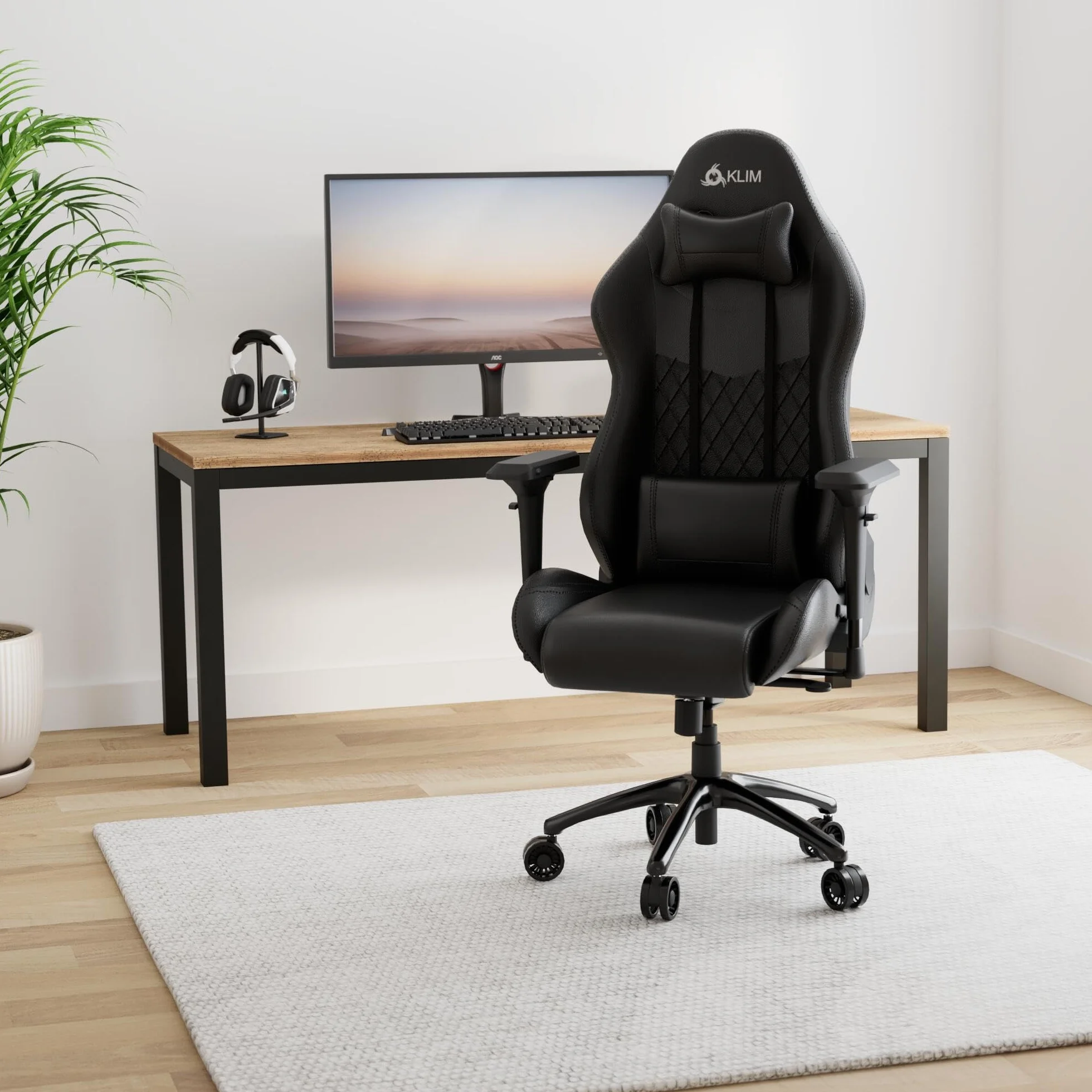 KLIM eSports Gaming Chair + z obsługą lędźwi i szyi + regulowany fotelik gier + ergonomiczny krzesło PC + skóra syntetyczna i materiały premium + Nowa wersja Czarny