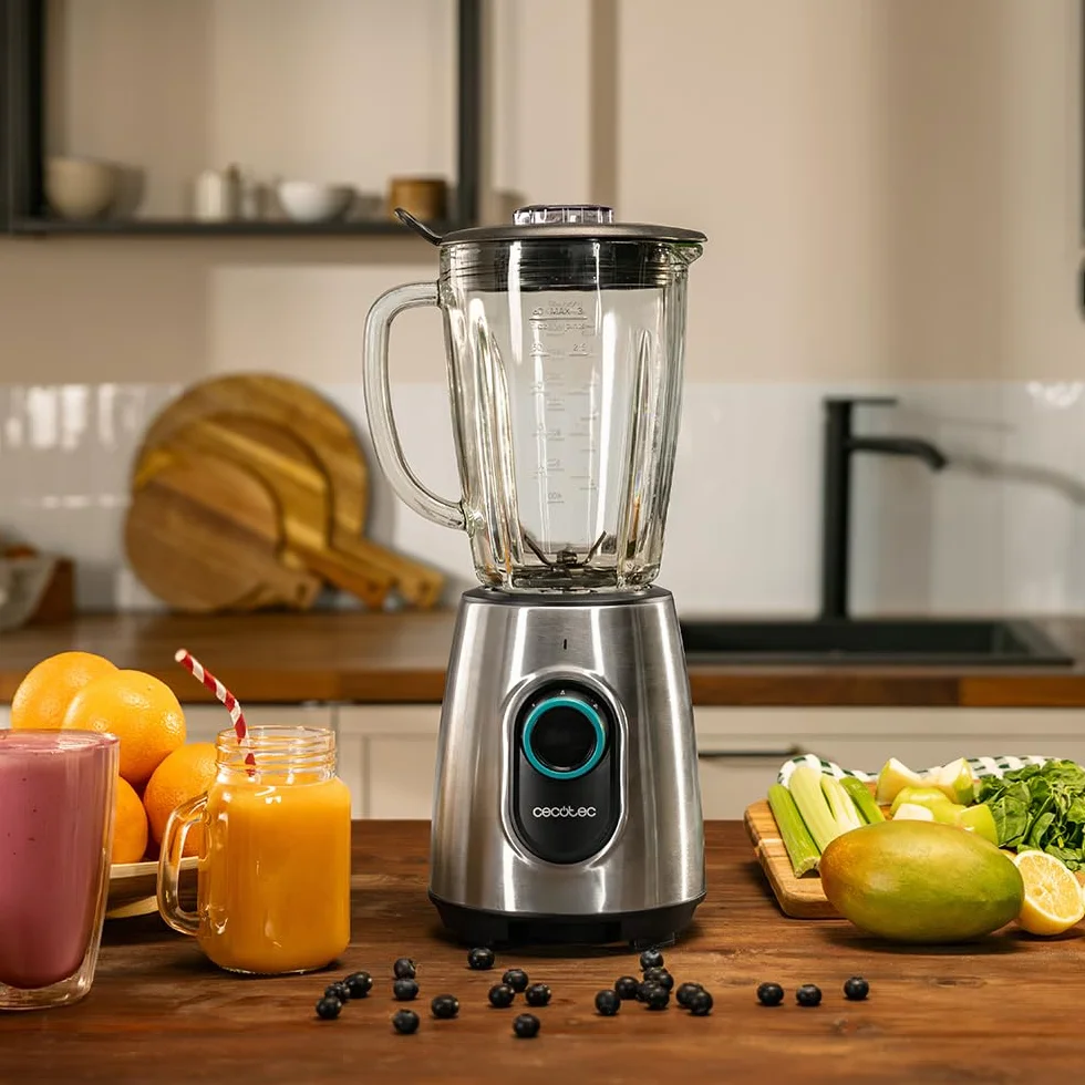Cecotec Blender do kubków Power Black Titanium 2000MAX Inox Pro. 1800W, 27800 obr./min, 8 ostrzy tytanu, czarny dzbanek ze szkła 1,8 l, 2 prędkości, puls, siekacz lodu, zmywarka, filtr płynny, stal