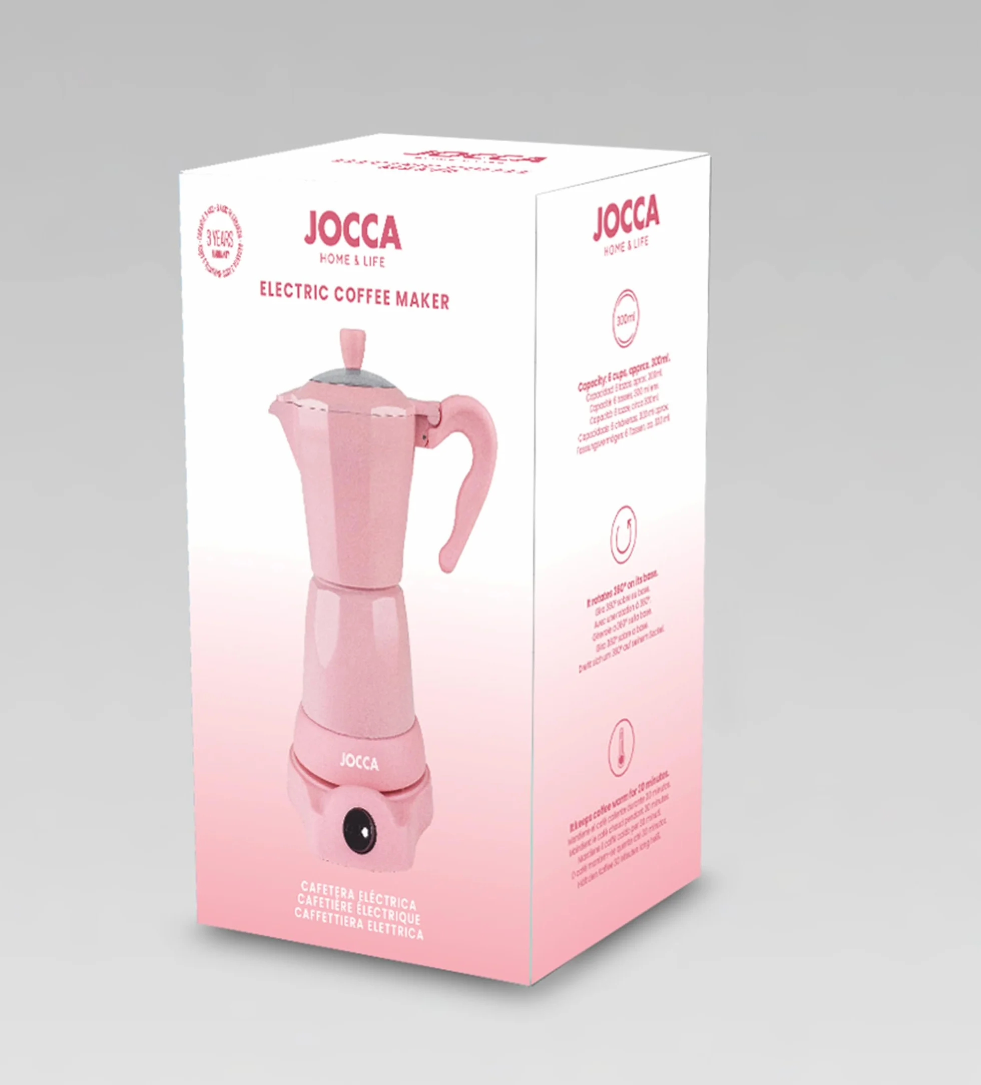 Jocca Włoski dzbanek do kawy różowy 6 filiżanek 480 W podstawa obrotowa 360°