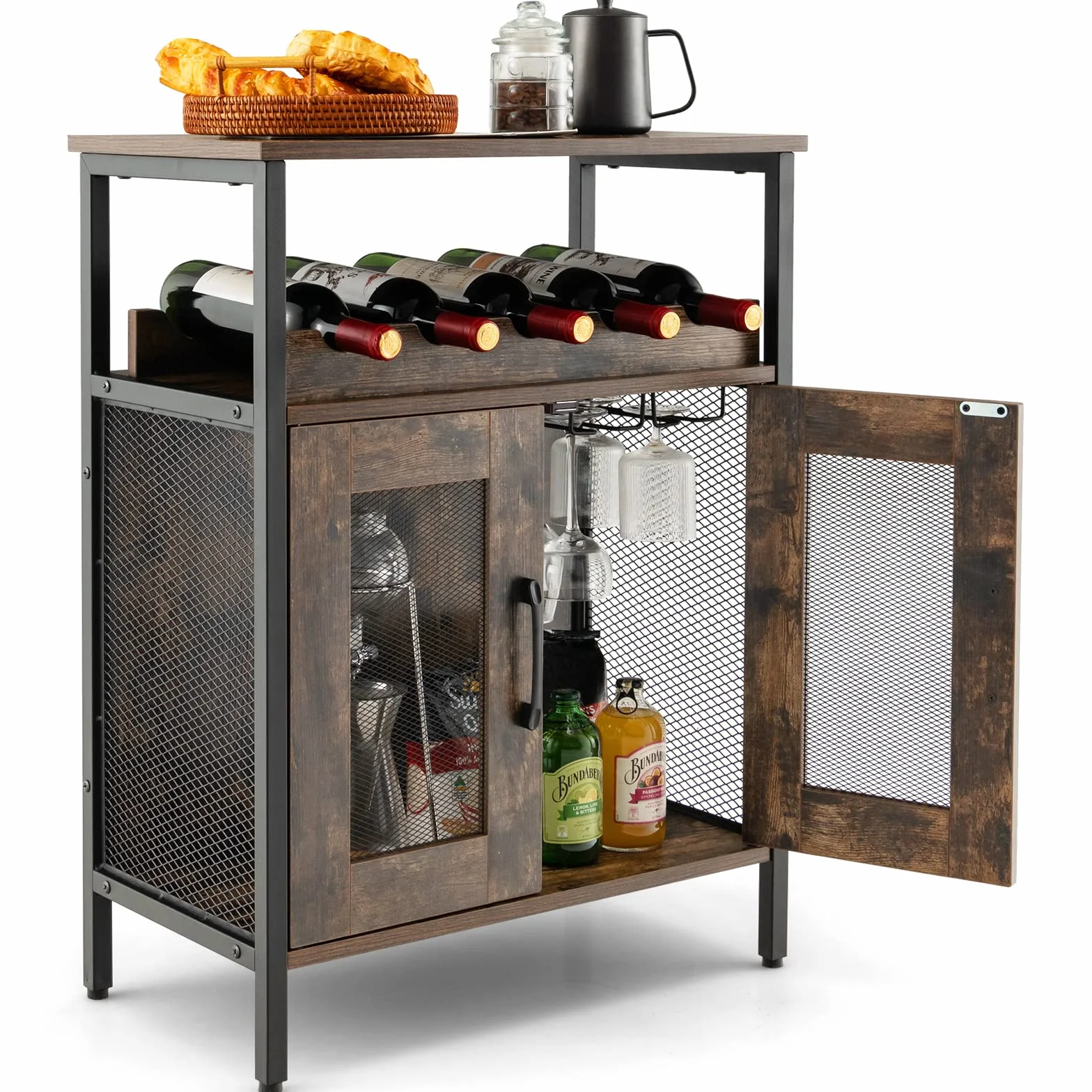 KOMFOTTEU Szafka na wino ze zdejmowanym regałem na wino i 6 uchwytami na szklanki, stojak na butelki 60 x 34 x 79 cm, komoda w stylu vintage z drewna, szafka kuchenna, stojak na wino do kuchni