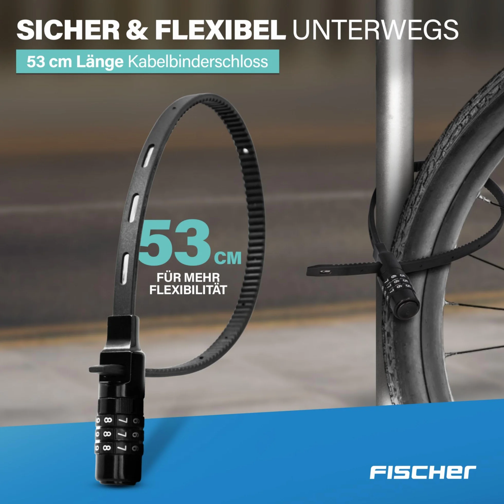 FISCHER Zamek rowerowy, specjalny zamek z zamkiem szyfrowym, do roweru, kasku lub jazdy na nartach, czarny, długość: 53 cm