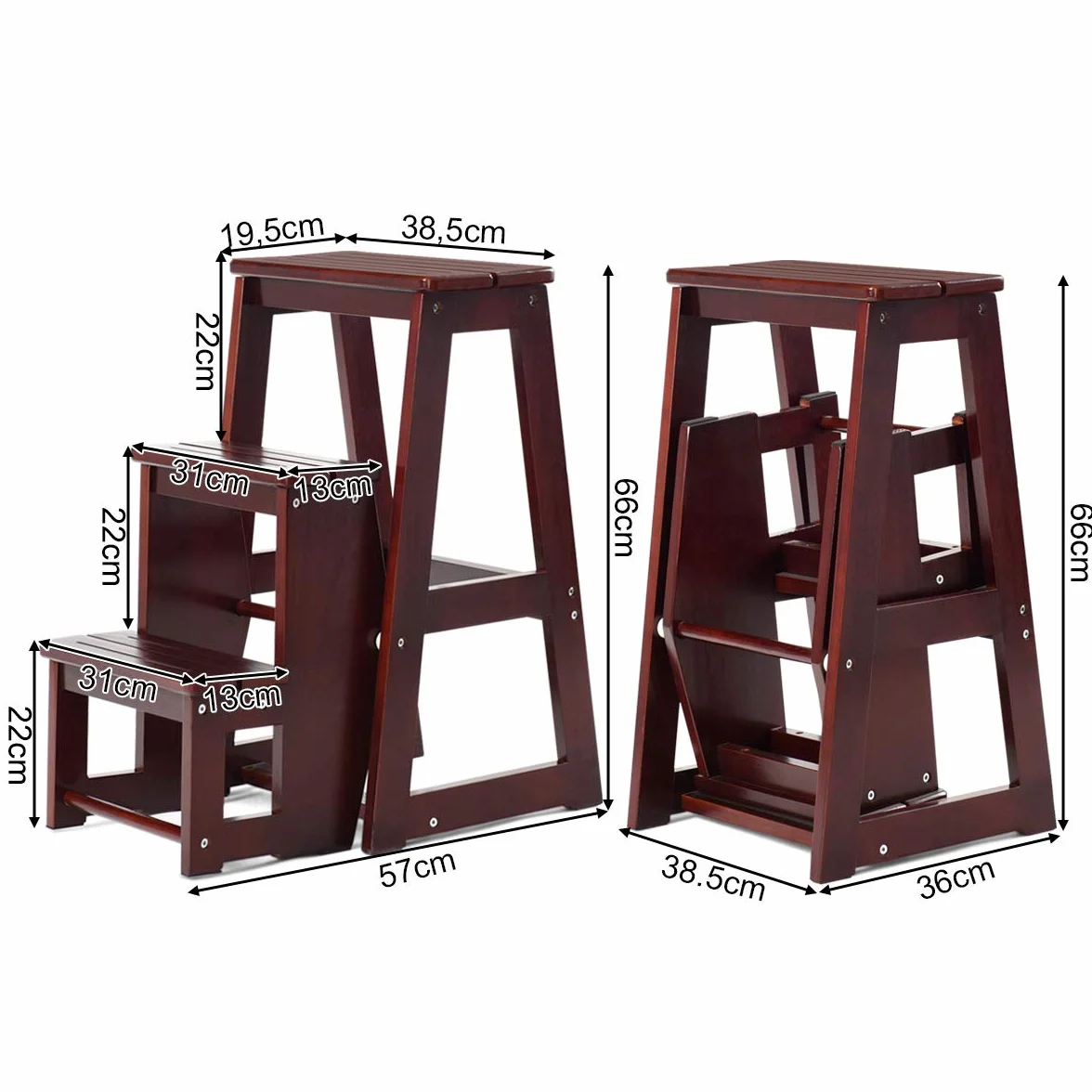 COSTWAY Drewniany stołek drabina wielofunkcyjny składany stołek 3-stopniowy 57 x 38 x 65 cm (ciemnobrązowy)