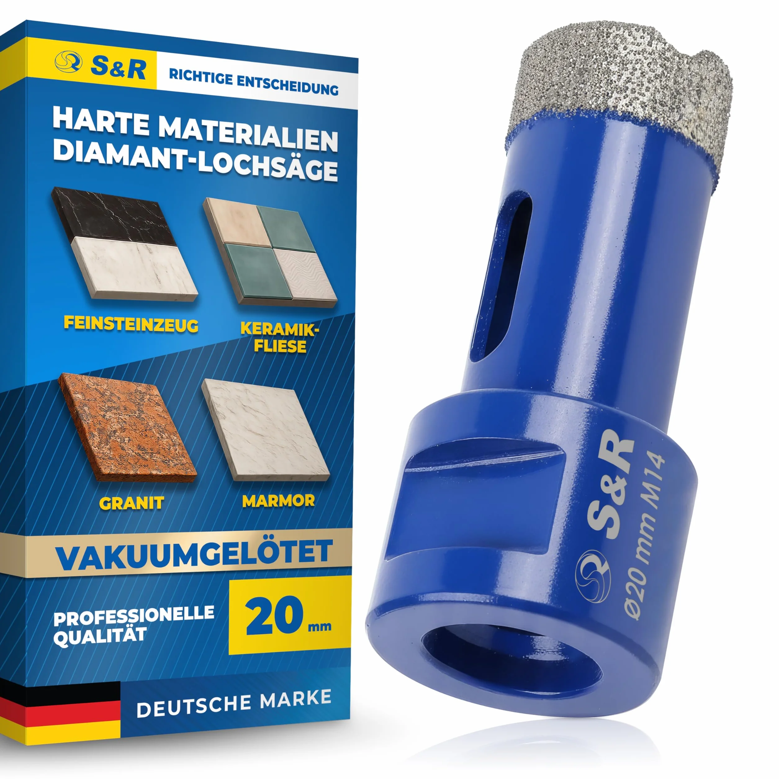 S&R Profesjonalne diamentowe wiertło do płytek 20 mm, otwornica do płytek, gwint M14, diamentowe wiertło, płytki, lutowana próżniowo koronka wiertnicza, szlifierka kątowa do ceramiki, gresu, granitu