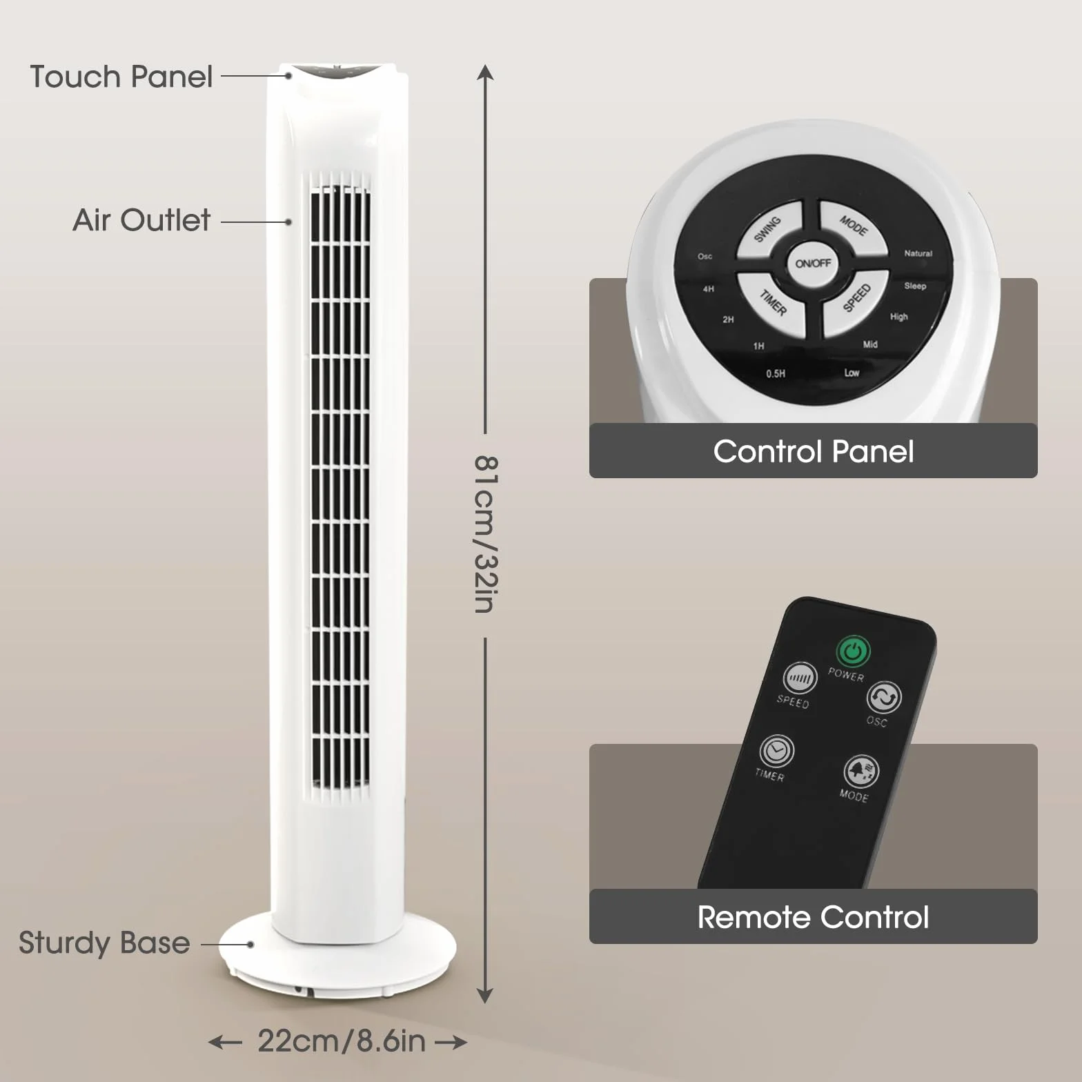 Wentylator wieżowy 81 cm 2 tryby 3 prędkości 0.5-7.5H timer 70° oscylacyjny z pilotem biały