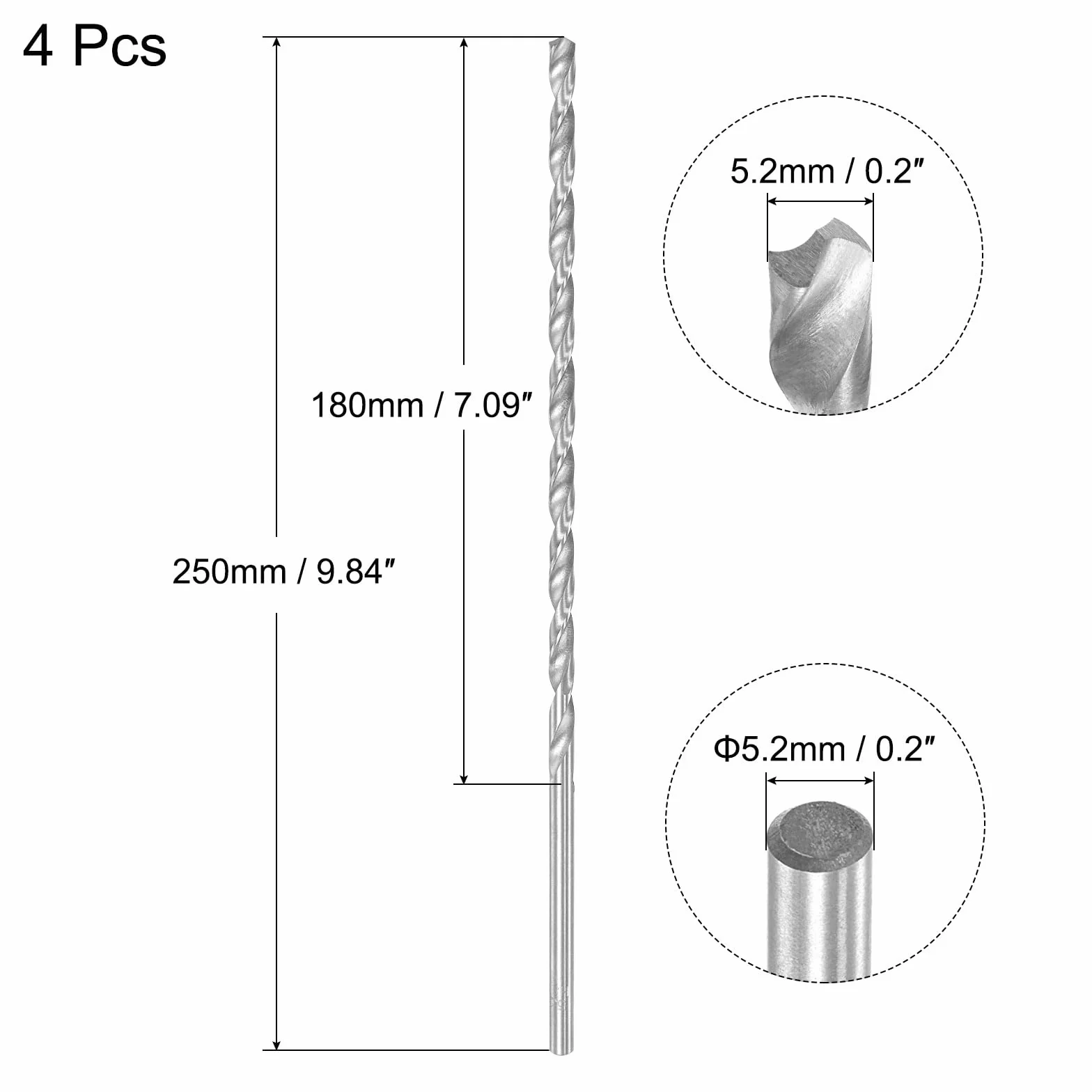 QUARKZMAN 5,2 mm Wiertarka wiertnicza, bardzo długa stal szybkotnąca wiertło ślimakowe z prostym trzpieniem 250 mm długość do drewna, plastiku, aluminium, 4 sztuki