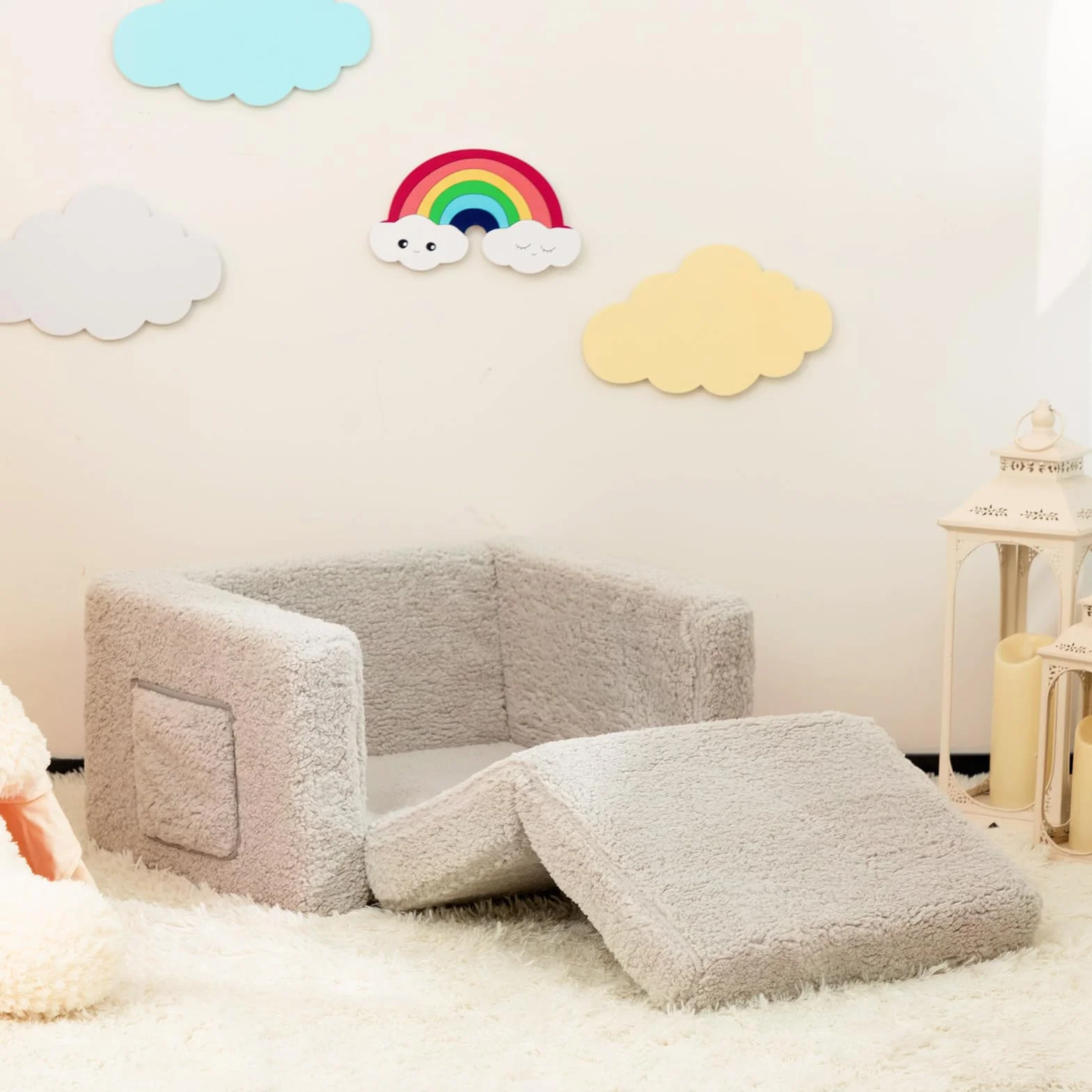 BEJOY Sofa dziecięca rozkładana 2 w 1, sofa z funkcją spania, fotel dziecięcy, Sherpa, rozkładana sofa do pokoju dziecięcego, na dzień dziecka i urodziny, dla dziewcząt i chłopców, jasnoszara