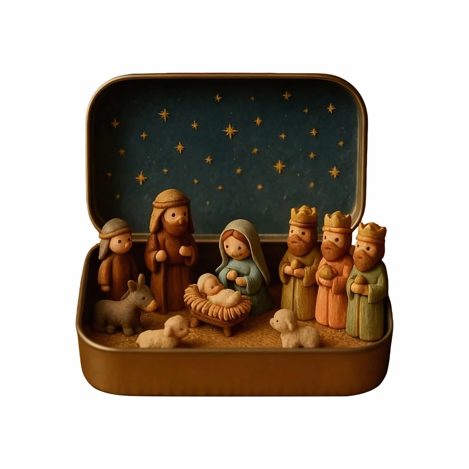 Mini szopka w blaszanym pudełku, ręcznie wykonane figurki z żywicy Jezusa i świętej rodziny, dekoracja bożonarodzeniowa w vintage i chrześcijański prezent dla dorosłych i dzieci