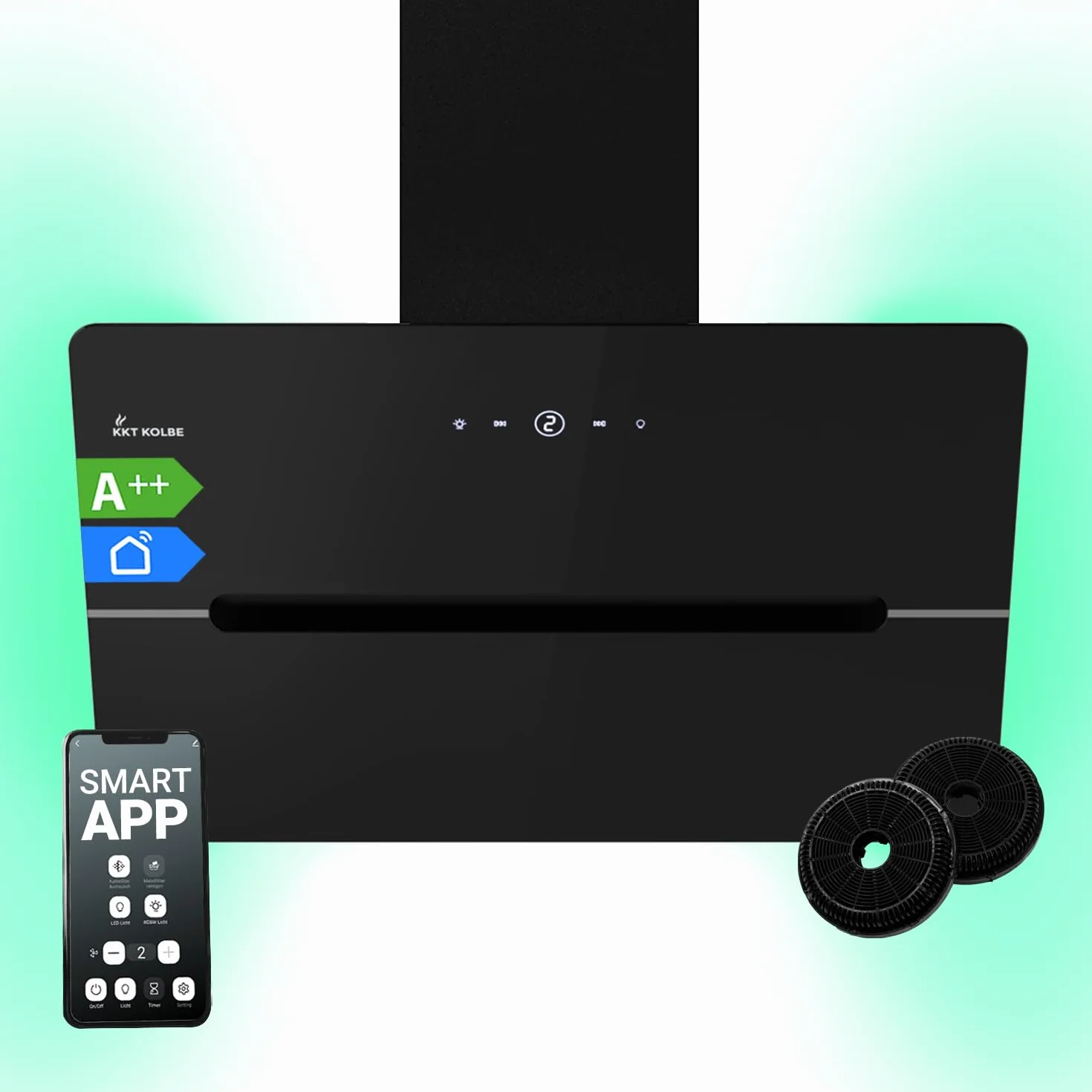 KKT KOLBE Okap kuchenny 80 cm/bezgłowa okap ścienny/stal nierdzewna/czarne szkło/Wi-Fi/automatyczne wybiegi / oświetlenie LED RGBW / obsługa SensorTouch/ECCO809SHCM