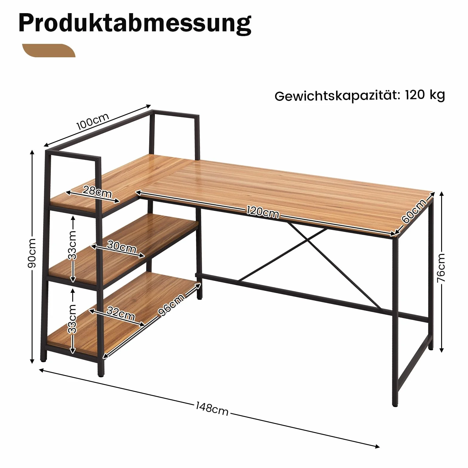 COSTWAY Biurko z półkami, biurko komputerowe w kształcie litery L, narożne biurko biurowe, stół biurowy, drewniany stół roboczy, metalowy stelaż, do domu, biura, gabinetu, 148 x 100 x 90 cm (orzech