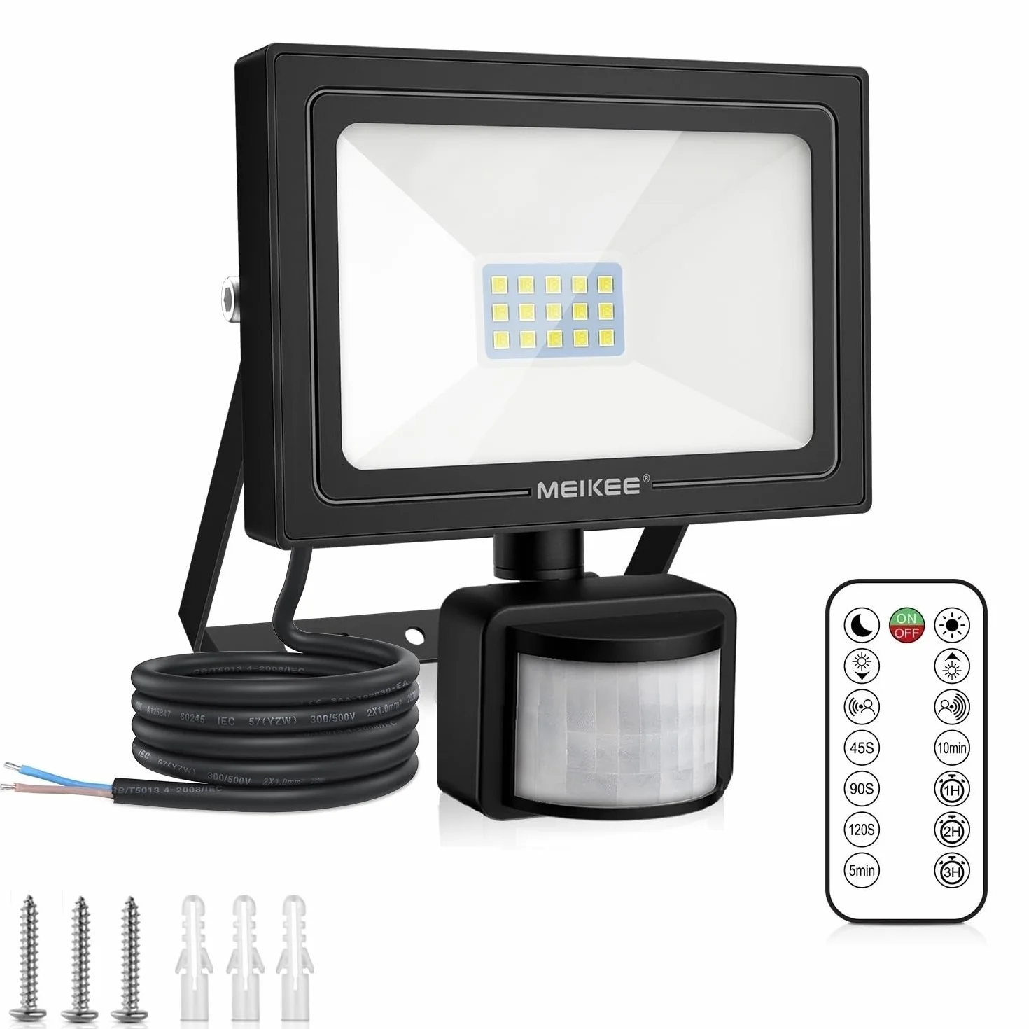 MEIKEE reflektor led z czujnikiem ruchu 15 W, 150lm-1200 lm, 6500 K, zimna biel, 3 tryby, 10 poziomów jasności, oświetlenie punktowe led Z pilotem, IP66 wodoodporny, reflektor do ogrodu garaż boisko