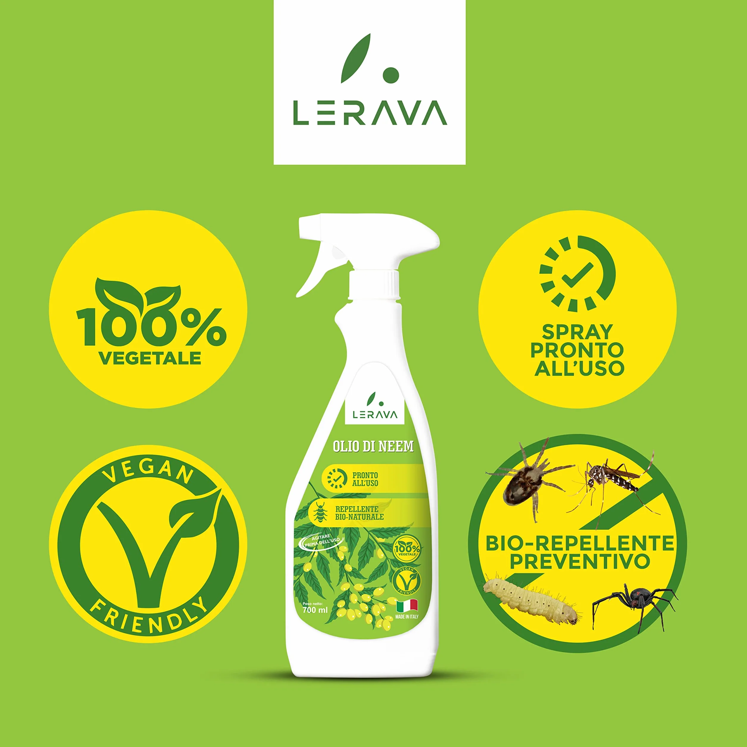 LERAVA® olej neem dla roślin - Gotowy do użycia spray owadobójczy - 100% bio-roślinny olej neem - Hamuje rozwój larw - olej neem 700ml
