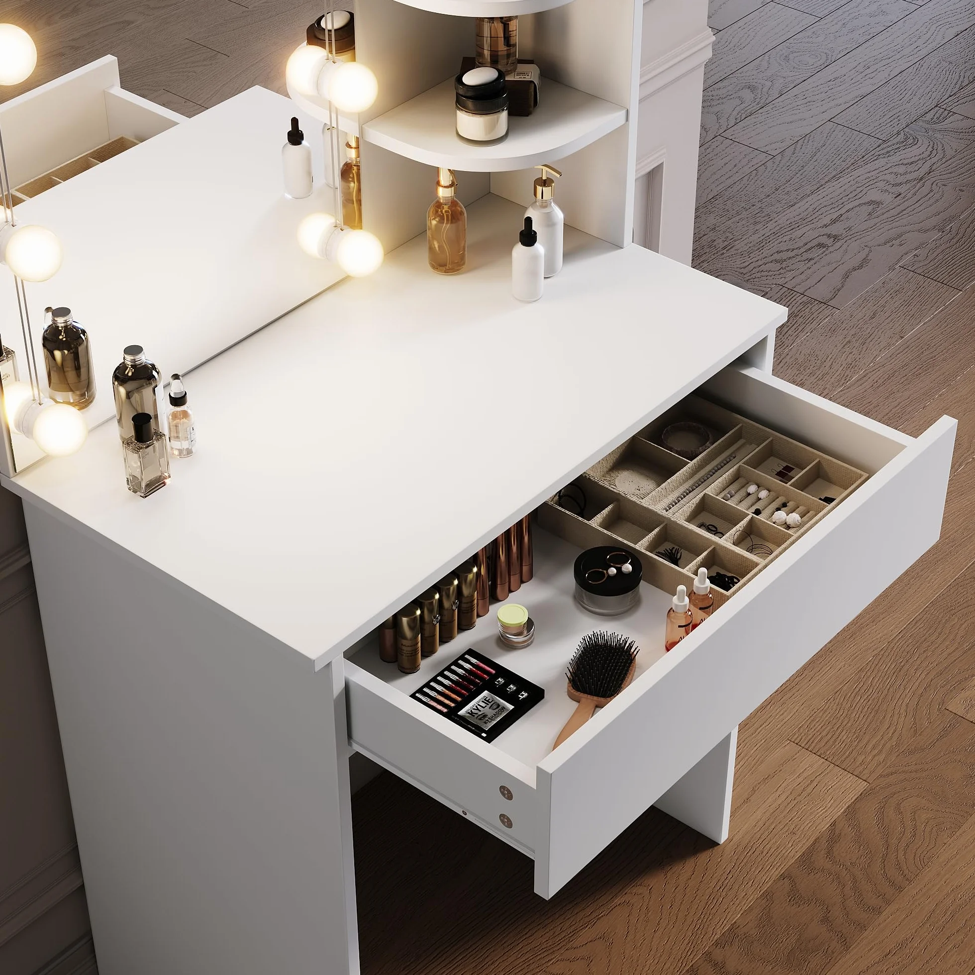 SONNI Toaletka z 10 oświetleniem LED i lusterkiem HD, z 10 stopniami regulacji jasności, 3 kolorami, toaletka z szufladami do sypialni, 3 otwarte przegrody, biała, 70x40x140cm