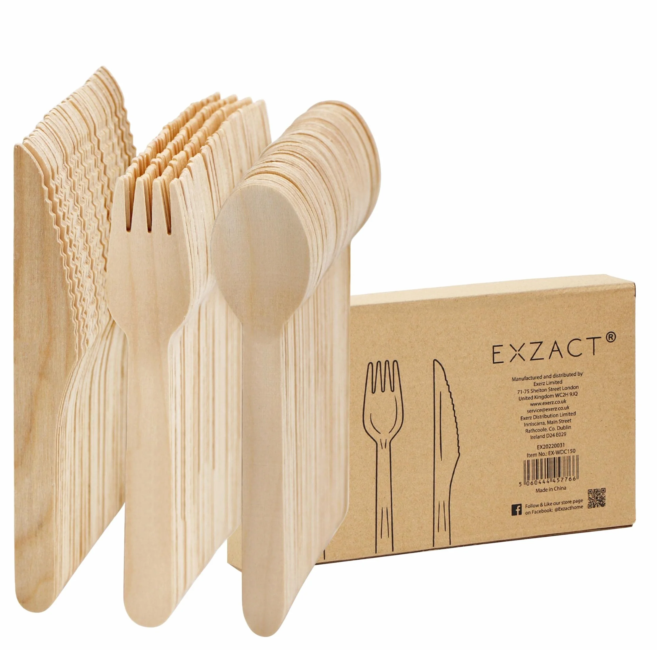 EXZACT Jednorazowe drewniane sztućce, biodegradowalne 150 sztuk, nadające się do recyklingu, kompostowania, widelce i łyżki, kemping, podróż i grill, mocne,