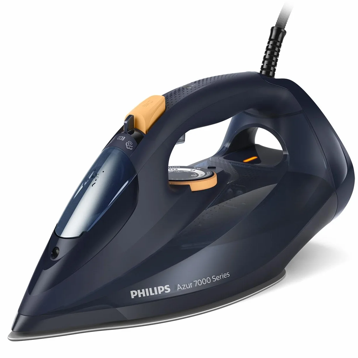 Philips Azur z Serii 7000 Żelazko Parowe - 3000 W, Strumień 55 g/min, Silne Uderzenie Pary Do 250 g, Pionowy Wyrzut Pary, Stopa SteamGlide Elite, Niebieski/Żółty (DST7060/20)