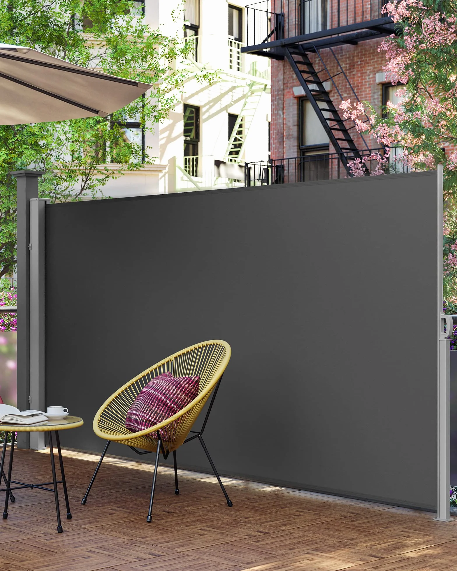 SONGMICS Osłona boczna, wysuwana, 160 x 350 cm, ochrona przed słońcem, nieprzejrzysta roleta zewnętrzna, na taras, do ogrodu, stal, antracytowo-szara GSA165G02