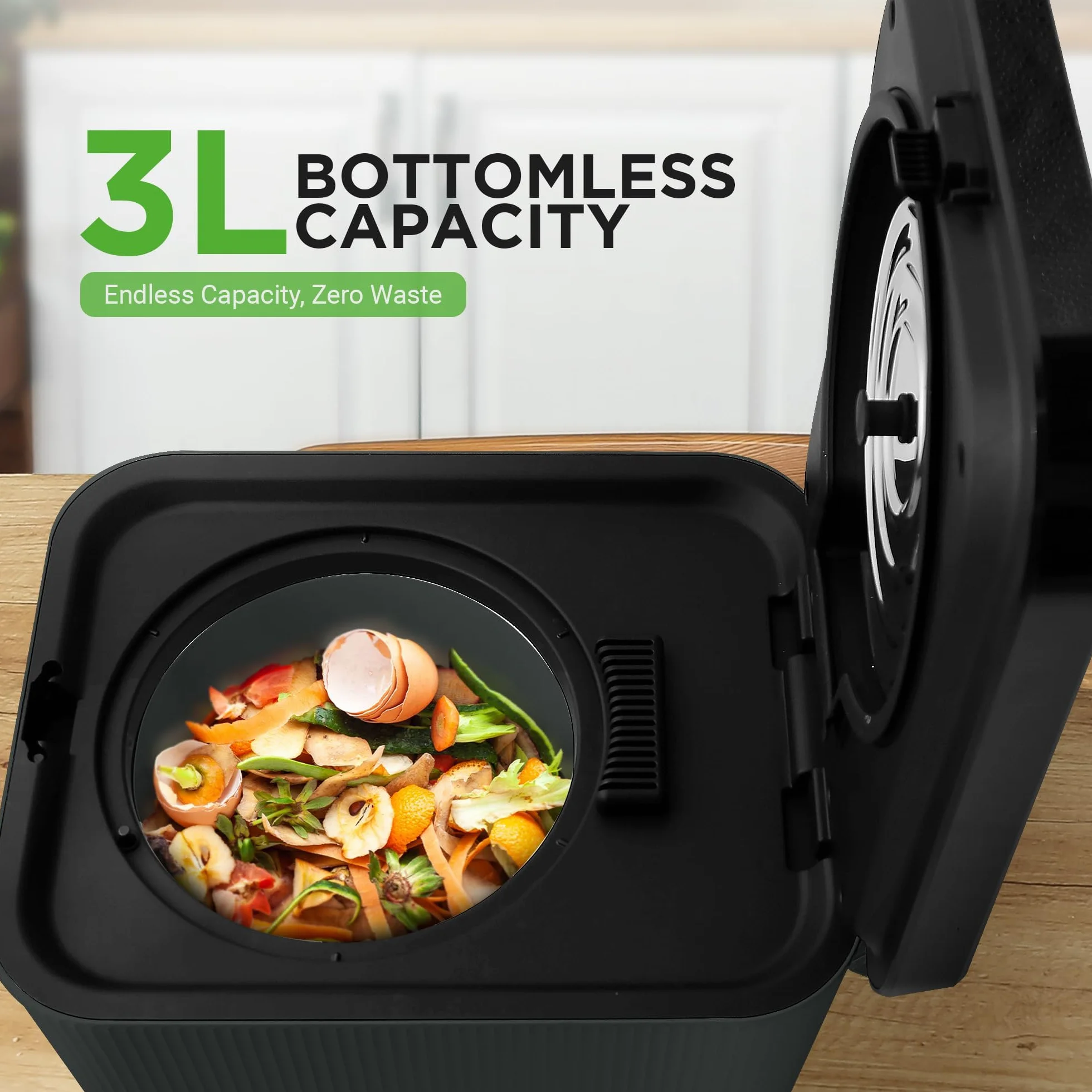 Nutrichef Elektryczny kompostownik kuchenny 3 l, organiczny materiał kompostowy i resztki żywności, automatyczny pojemnik na kompost, funkcje suszenia, rozdrabniania i chłodzenia, idealny do kuchni i