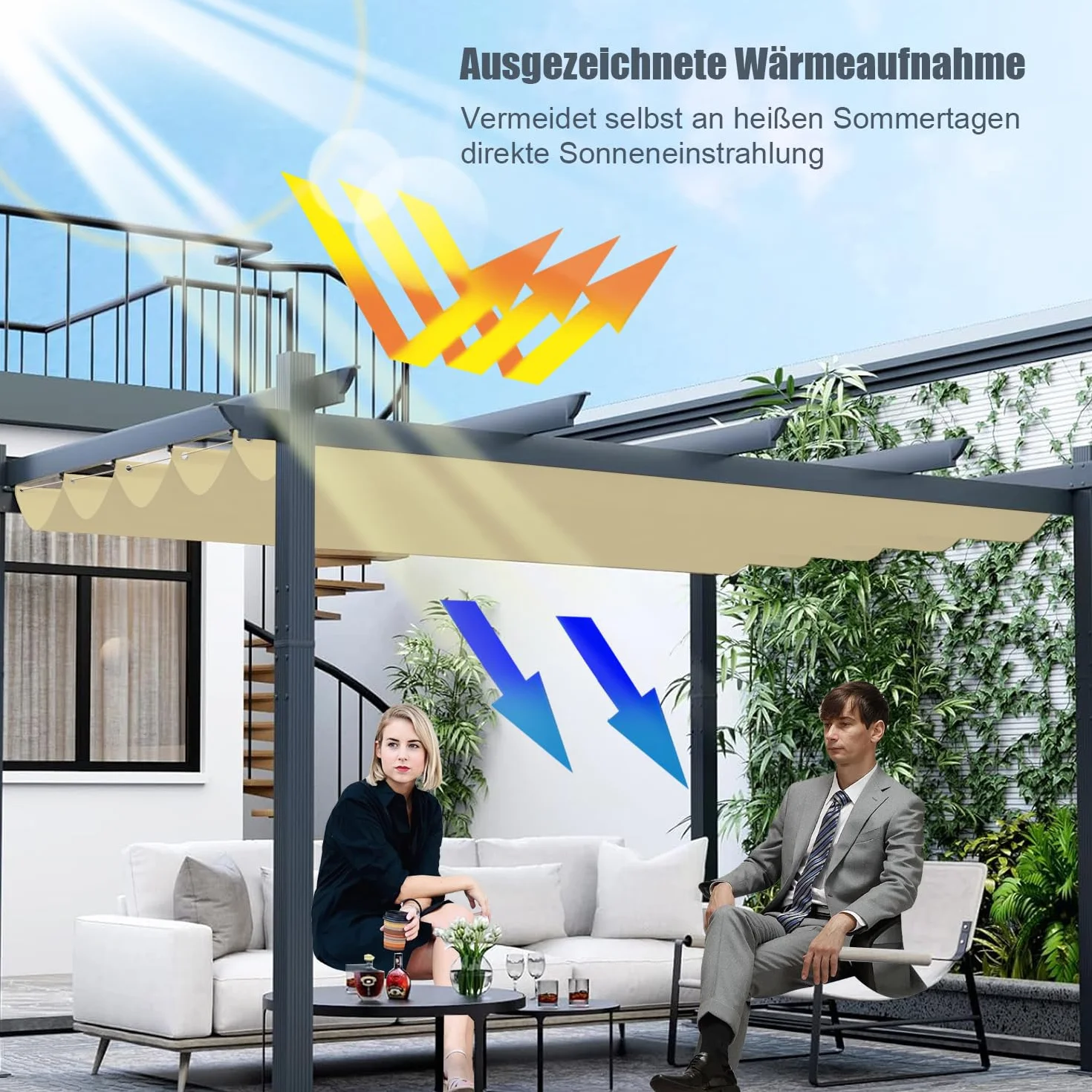 Wysuwany żagiel przeciwsłoneczny z falą, regulowany, ochrona przed promieniowaniem UV, wodoszczelny, do ogrodu, kolor kremowy, 200 x 400 cm (szer. x dł.),