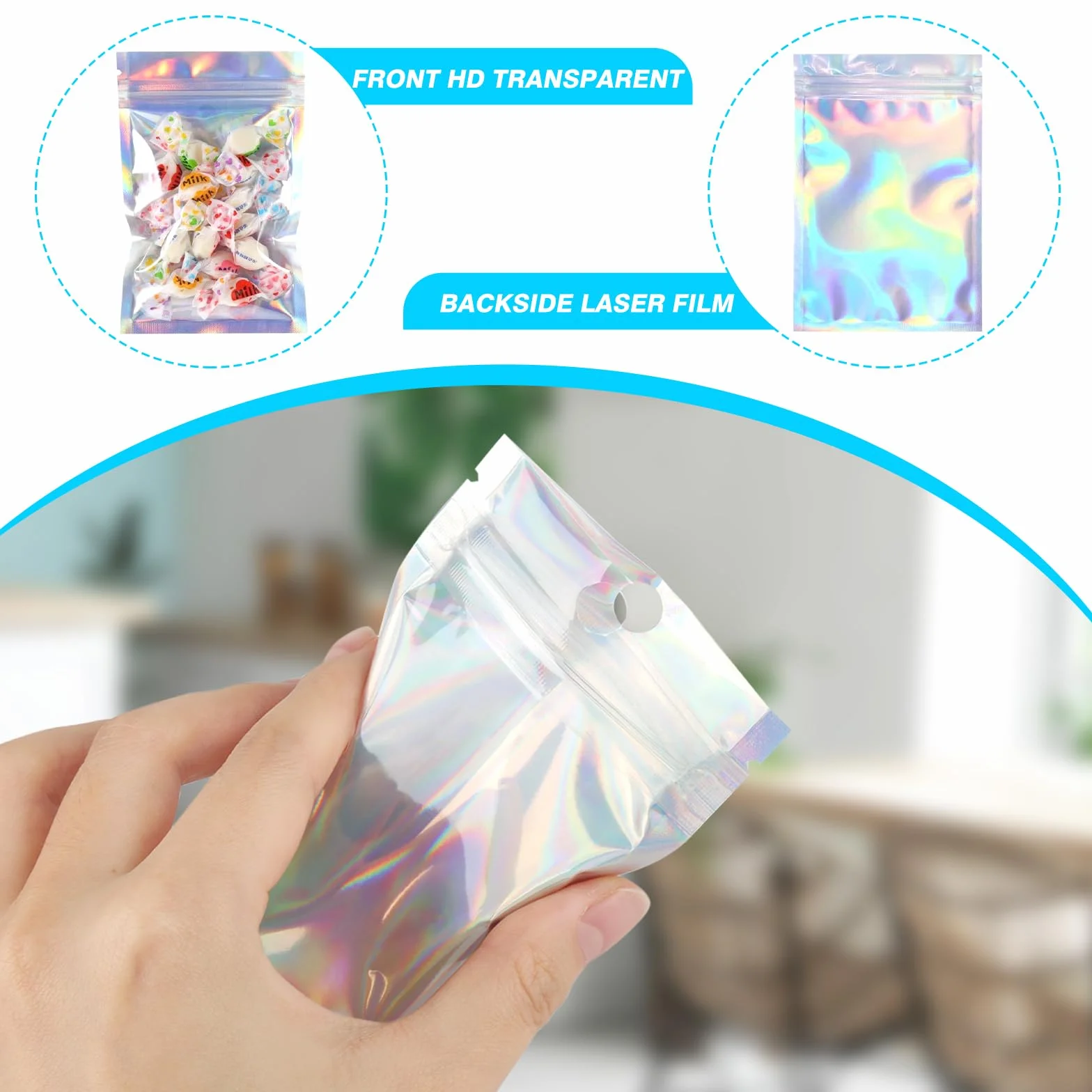 200 sztuk torebek z folii aluminiowej, holograficzne torebki foliowe, woreczki mylarowe, zamykane na zamek błyskawiczny torebki foliowe z przezroczystym okienkiem na biżuterię, błyszczyk do ust