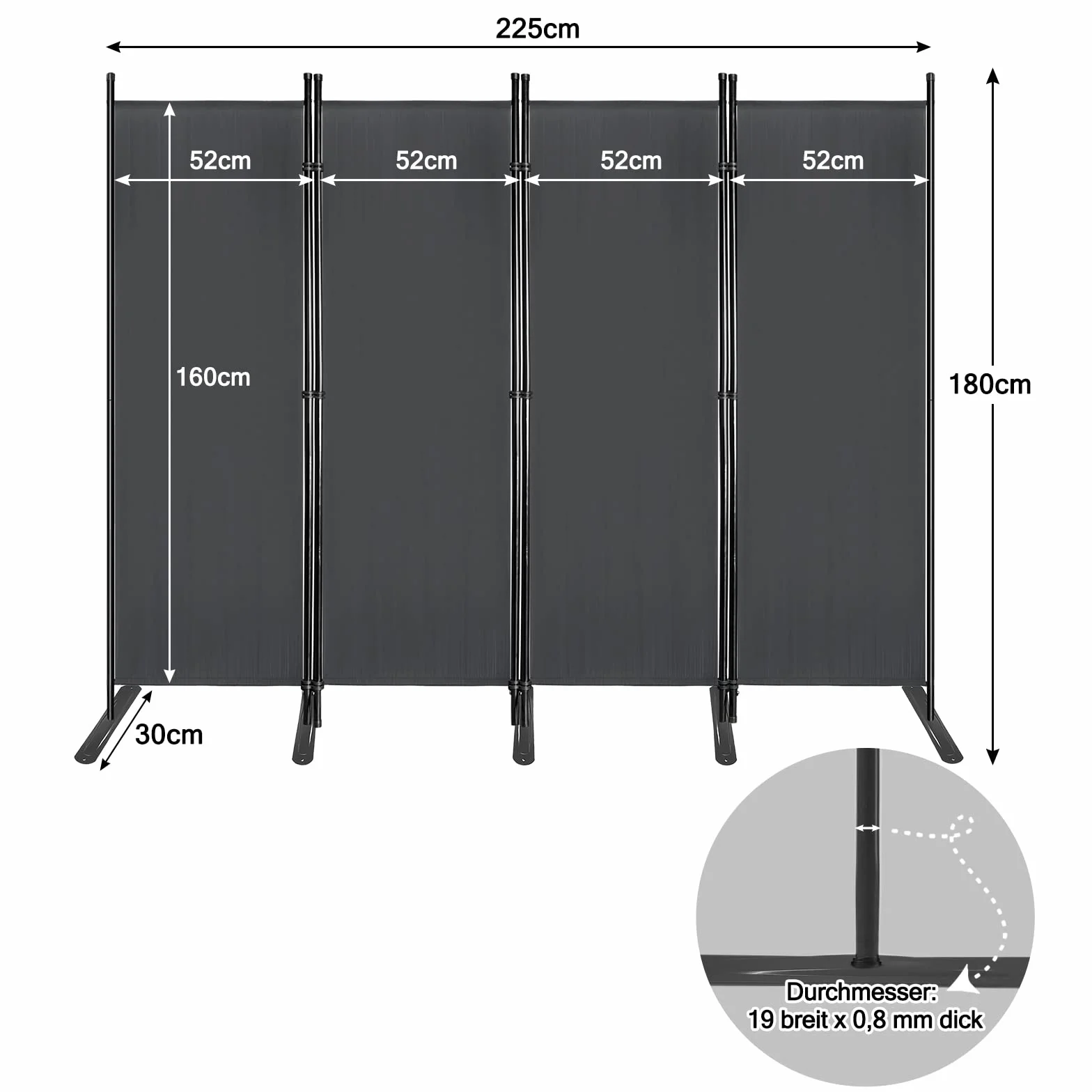 UISEBRT Paravent Paravent 225 x 180 cm Parawan z nóżkami, ochrona przed spojrzeniami, do biura, na balkon, do ogrodu, antracytowy
