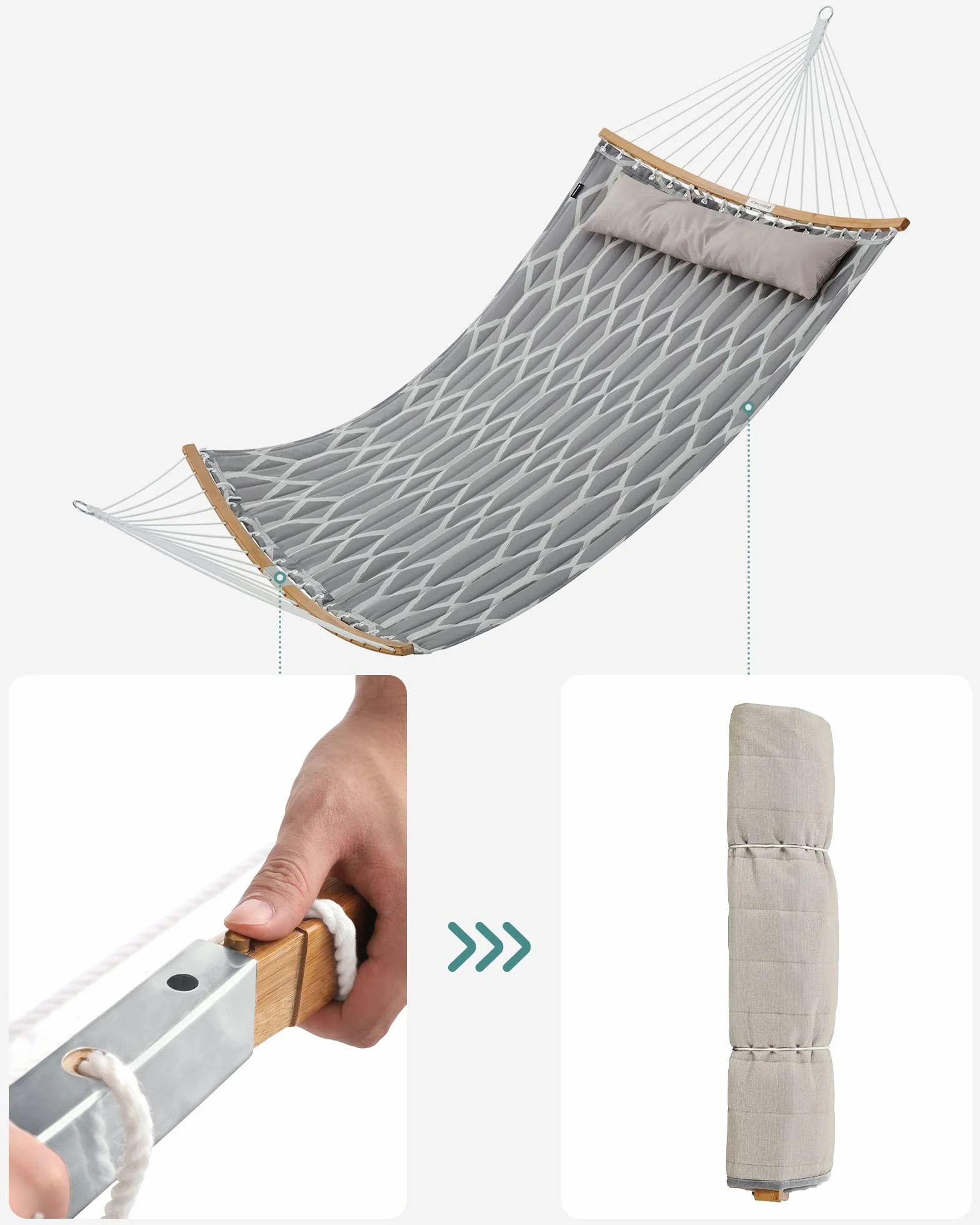 SONGMICS Hamak, hamak z tkaniny pikowanej z odpinanymi zakrzywionymi rozrzutnikami bambusowymi, poduszka 200 x 140 cm, nośność 225 kg, szary i beżowy romb GDC034G02