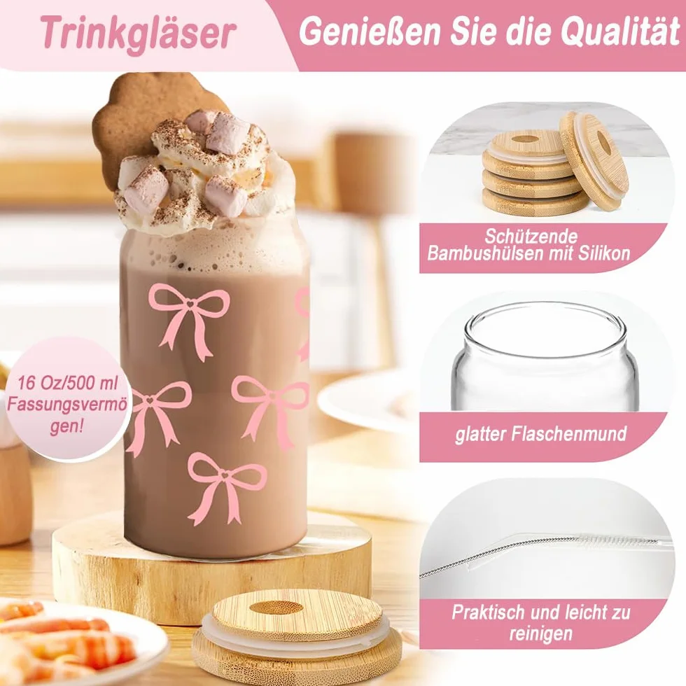 Szklanka do picia ze słomką i pokrywką 200 ml, szkło do matchy z motywem kokardki, kubek Bubble Tea