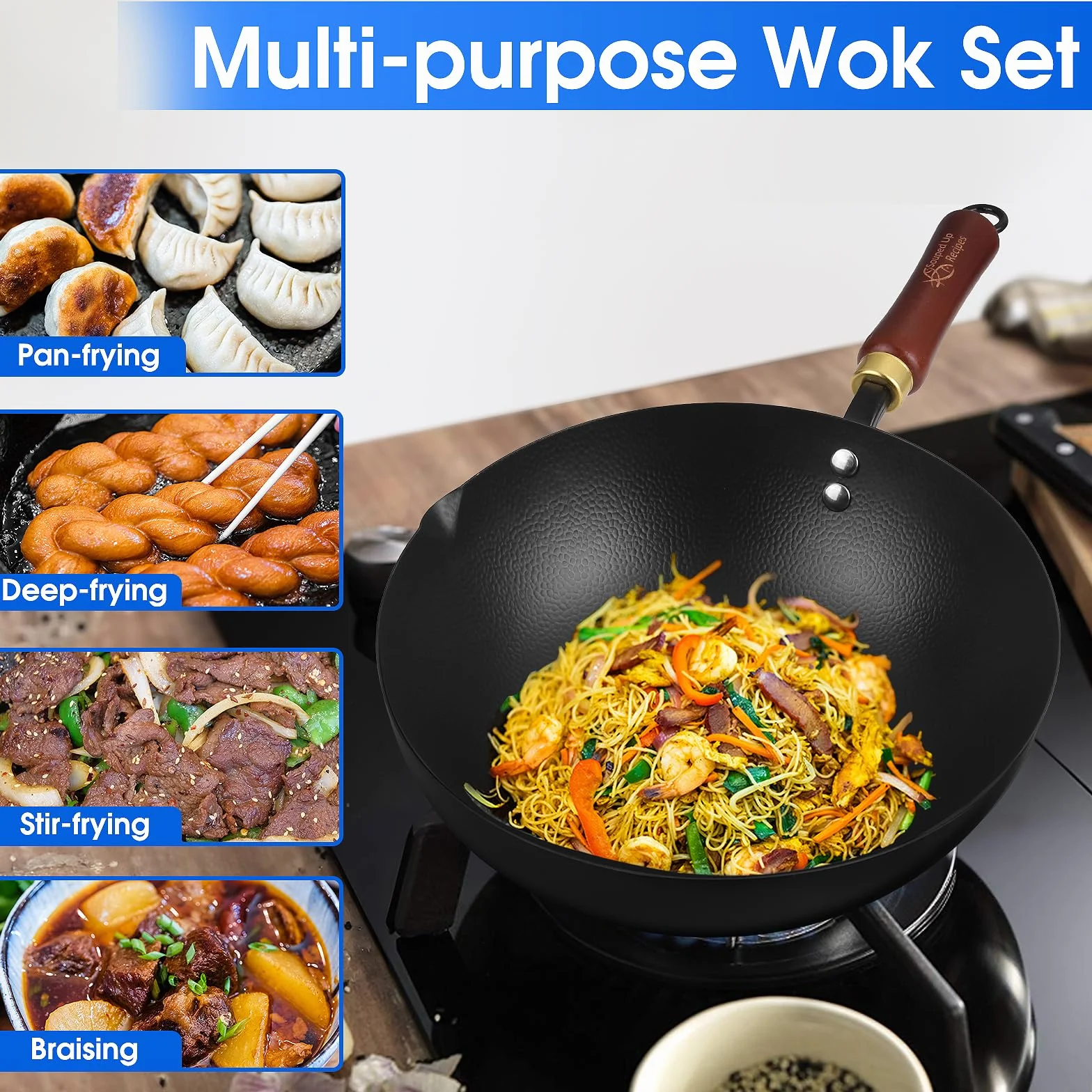 Souped Up Recipes Wok ze stali węglowej 25 cm do kuchenek indukcyjnych gazowych z pokrywą